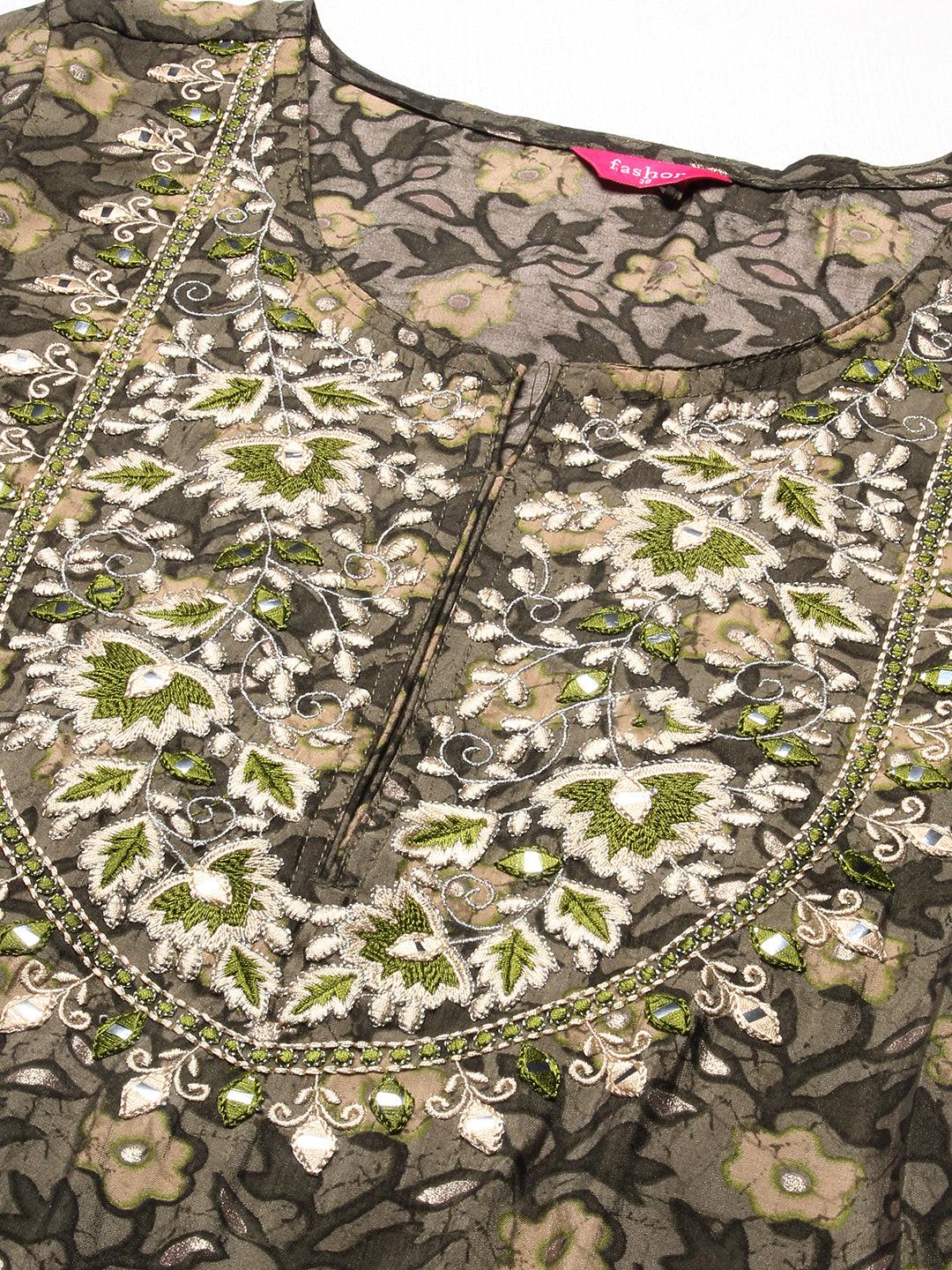 Floral Printed Mirror Embroidered Kurta - Dark Green - Indiakreations