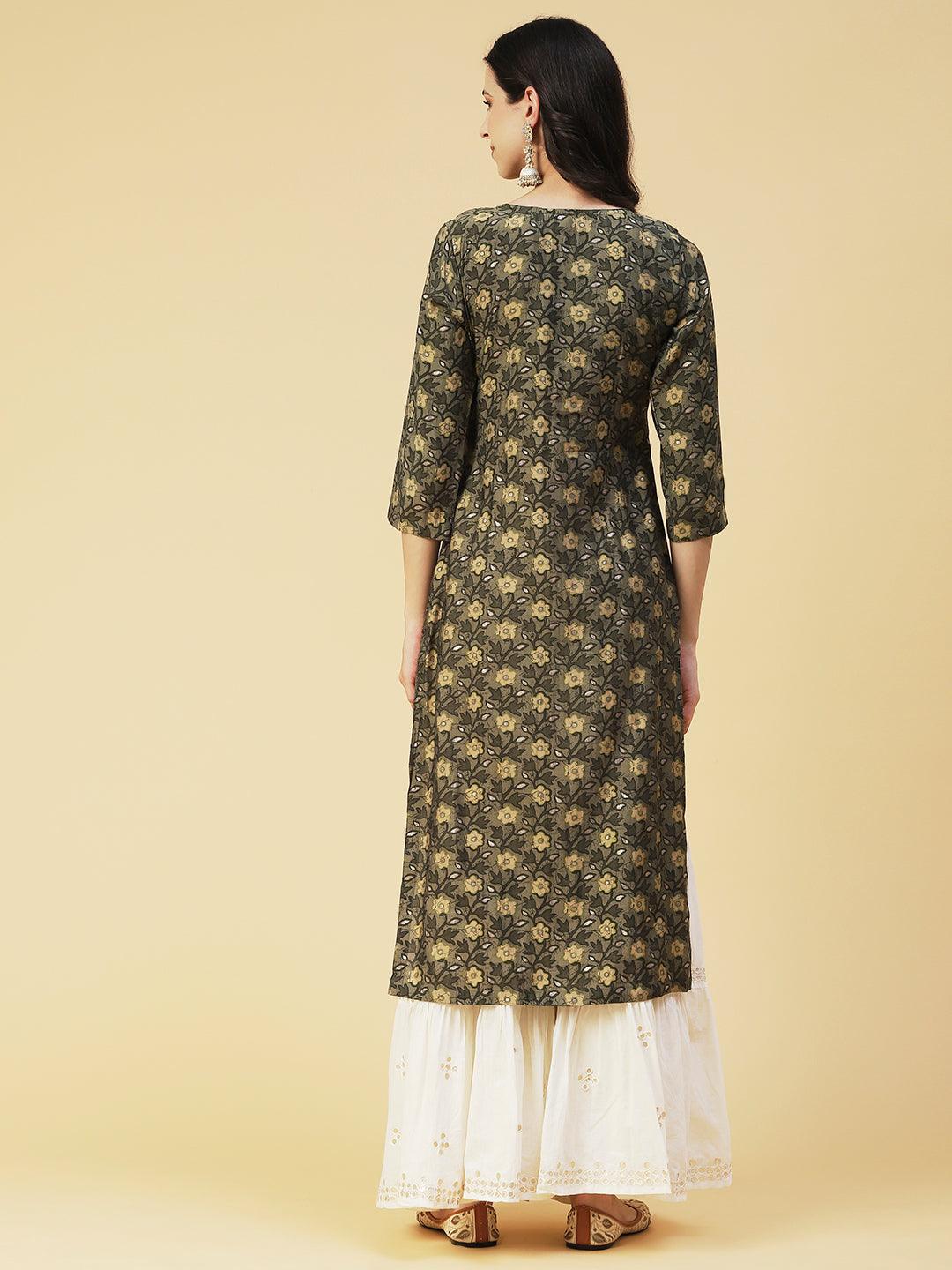 Floral Printed Mirror Embroidered Kurta - Dark Green - Indiakreations