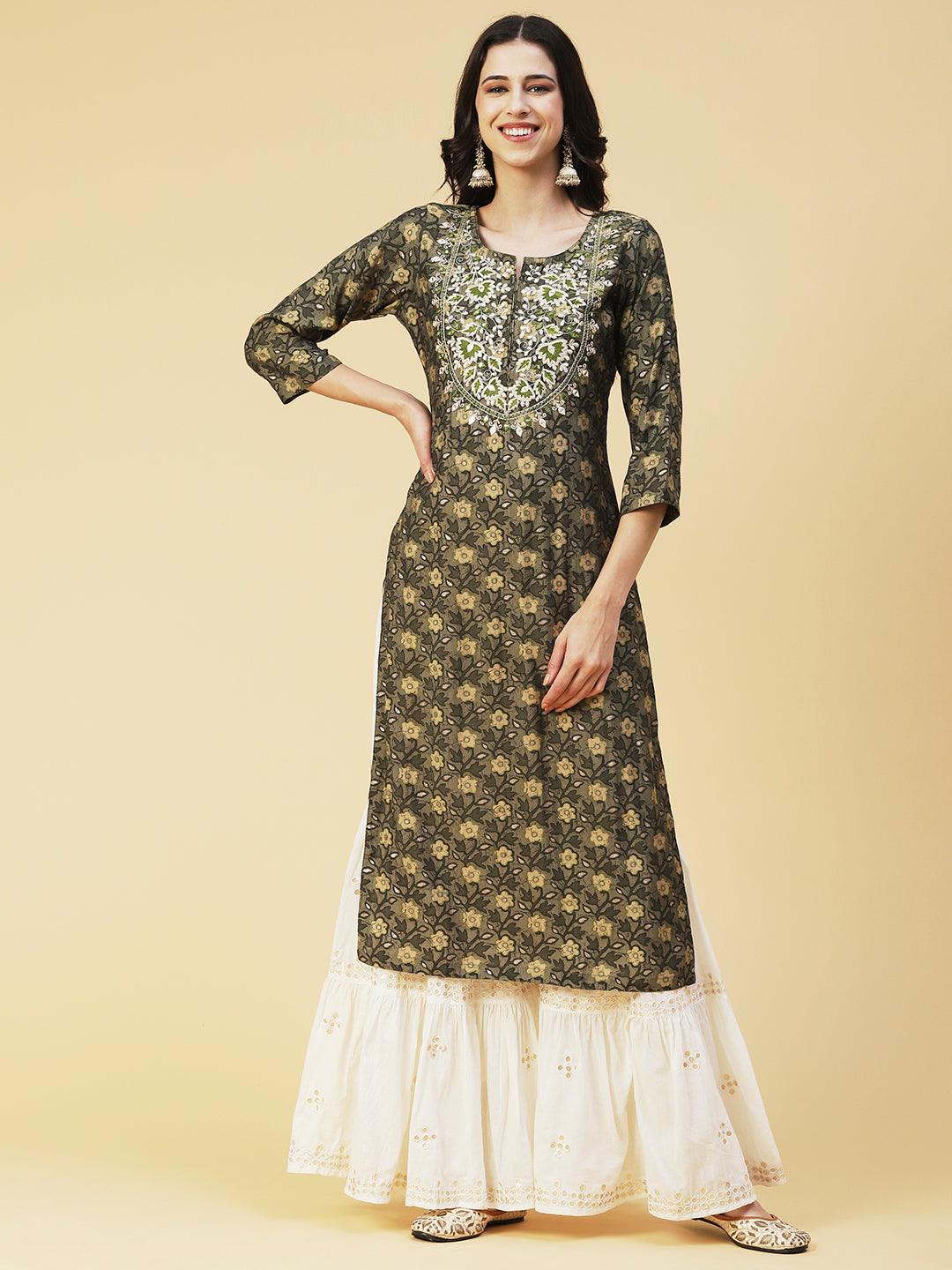 Floral Printed Mirror Embroidered Kurta - Dark Green - Indiakreations