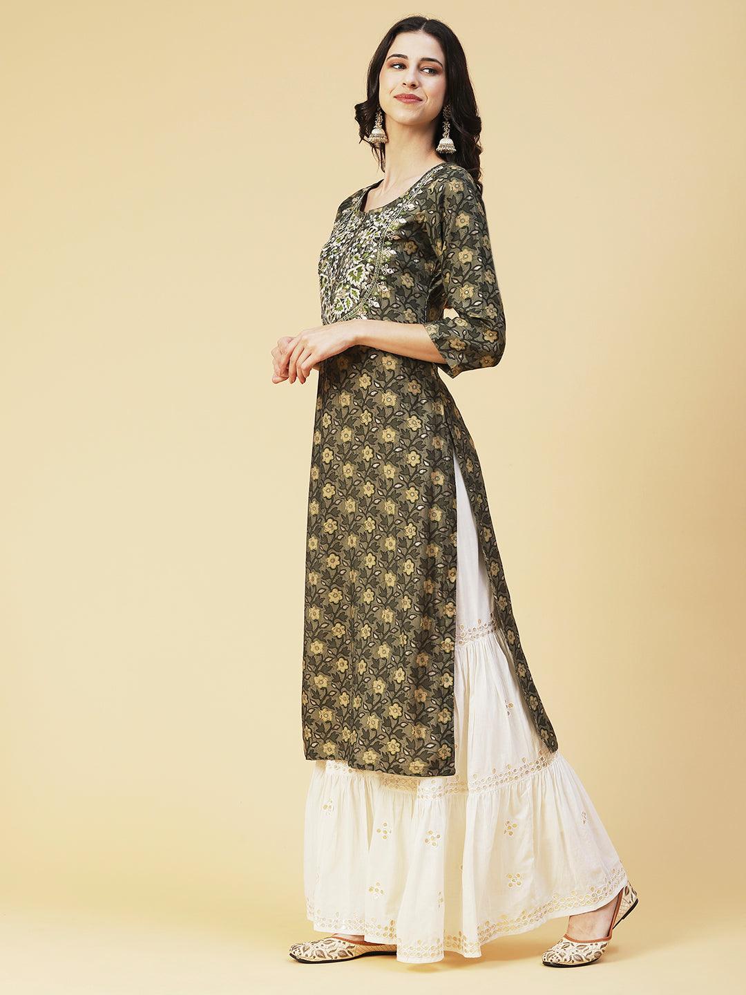 Floral Printed Mirror Embroidered Kurta - Dark Green - Indiakreations