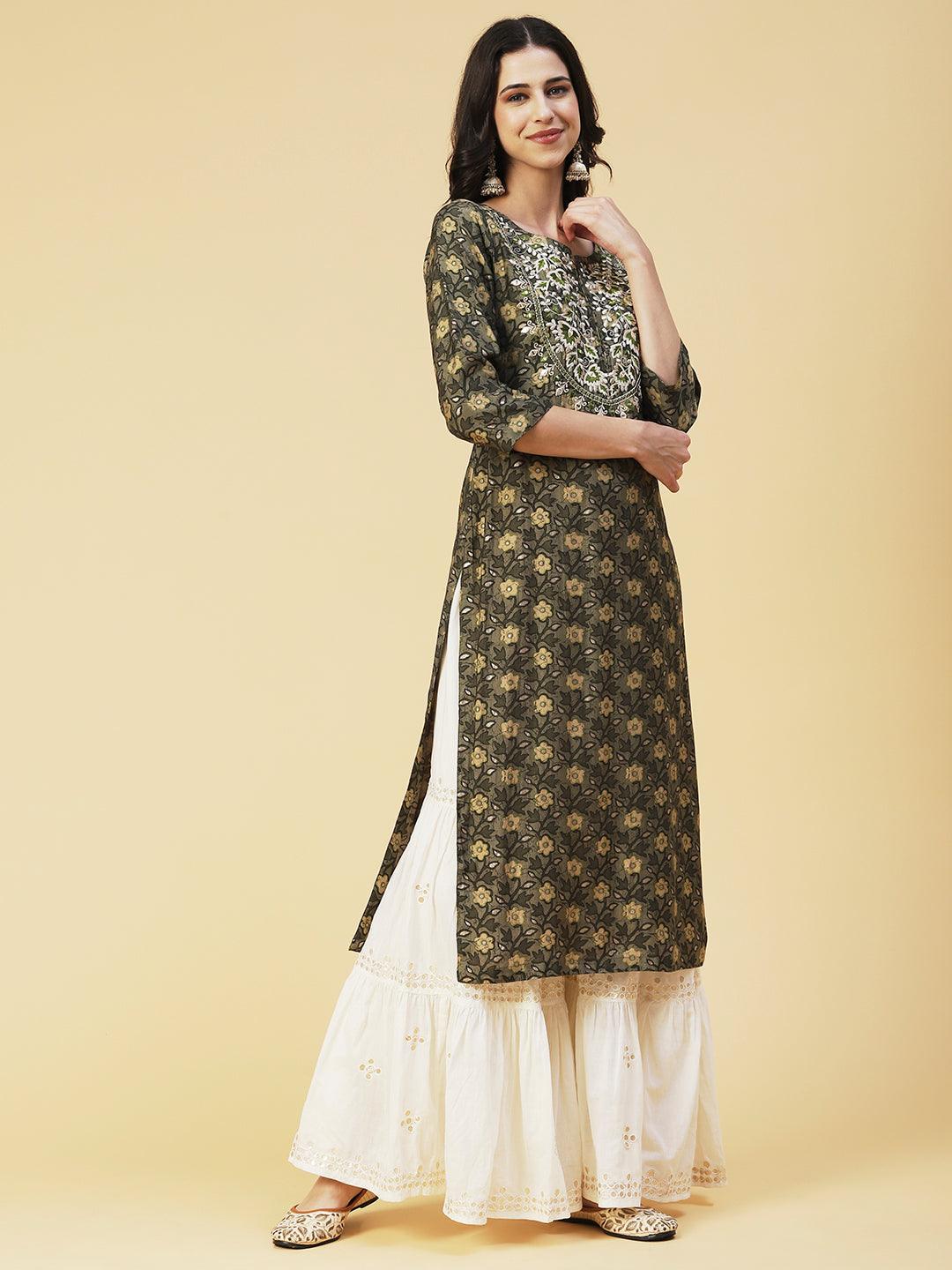 Floral Printed Mirror Embroidered Kurta - Dark Green - Indiakreations