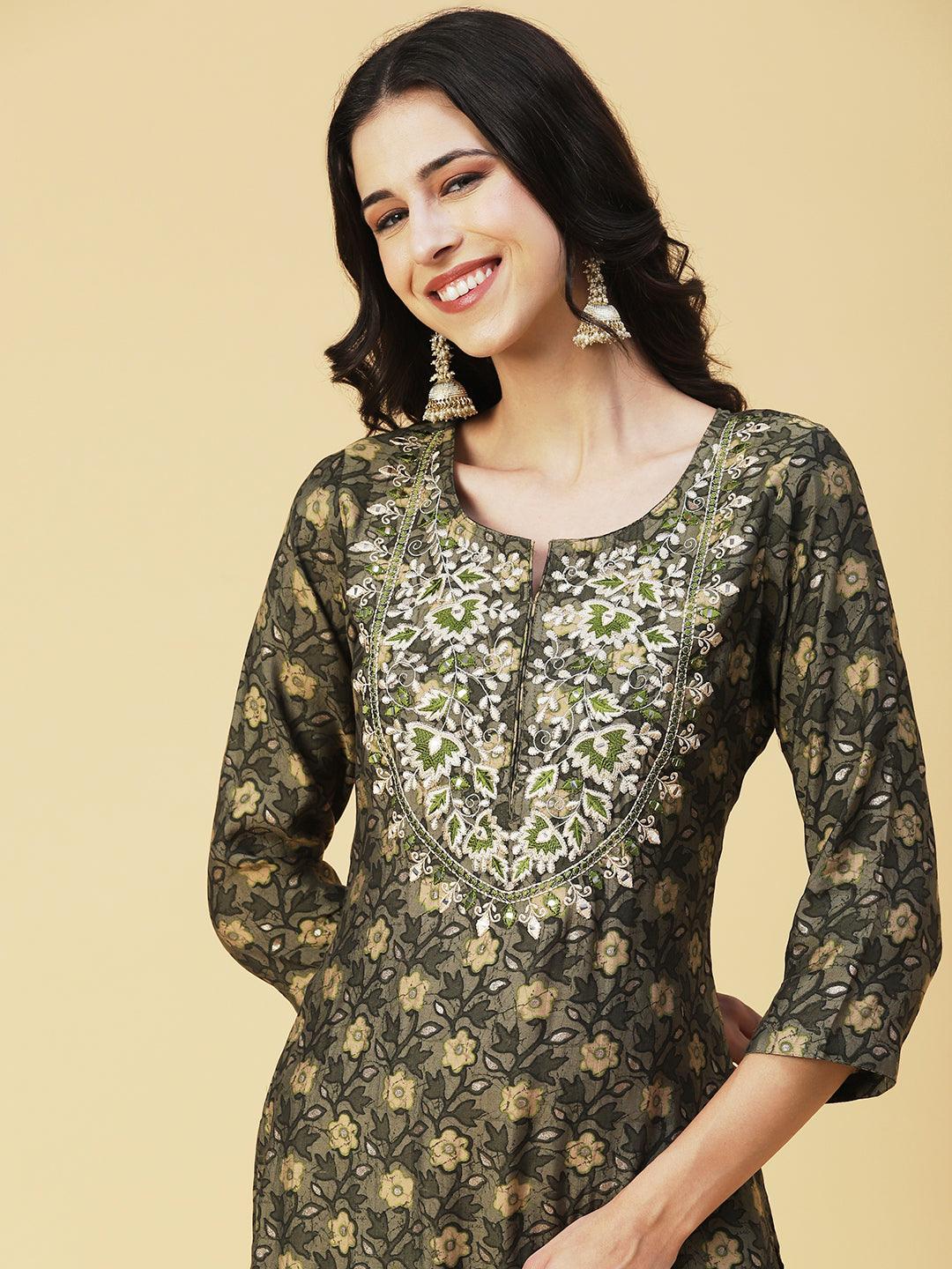 Floral Printed Mirror Embroidered Kurta - Dark Green - Indiakreations