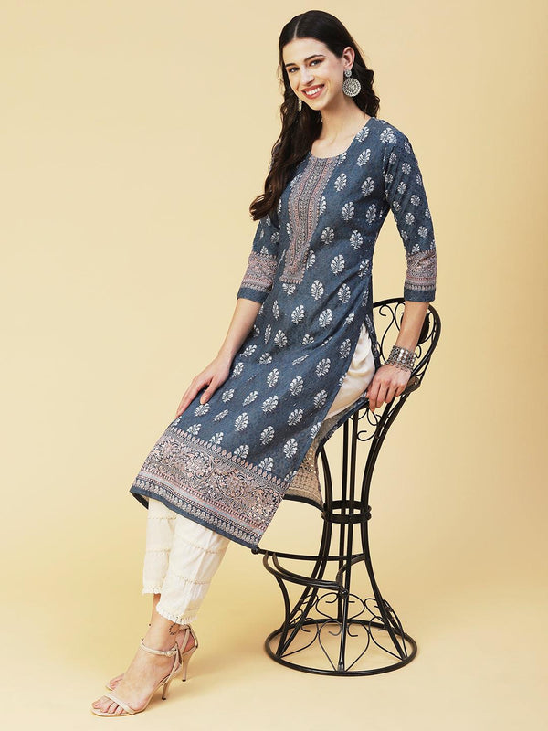 Floral Printed Schiffili Embroidered Kurta - Grey - Indiakreations