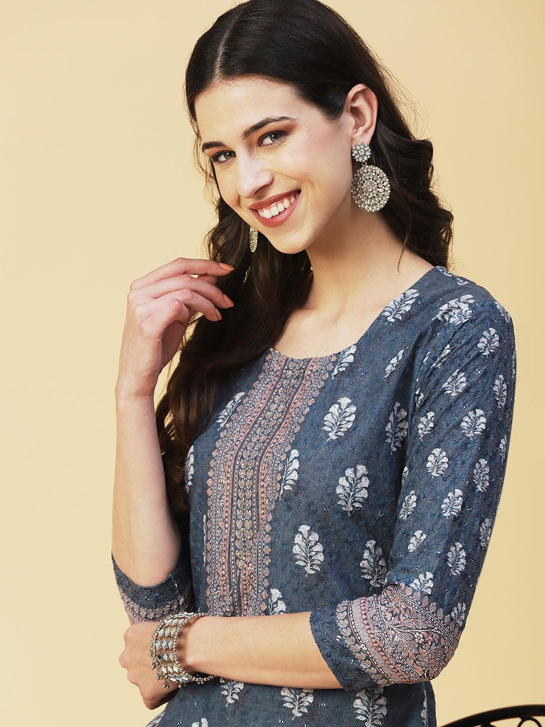 Floral Printed Schiffili Embroidered Kurta - Grey - Indiakreations