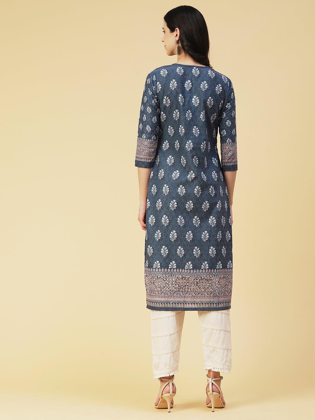 Floral Printed Schiffili Embroidered Kurta - Grey - Indiakreations