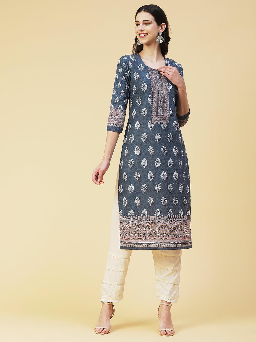 Floral Printed Schiffili Embroidered Kurta - Grey - Indiakreations