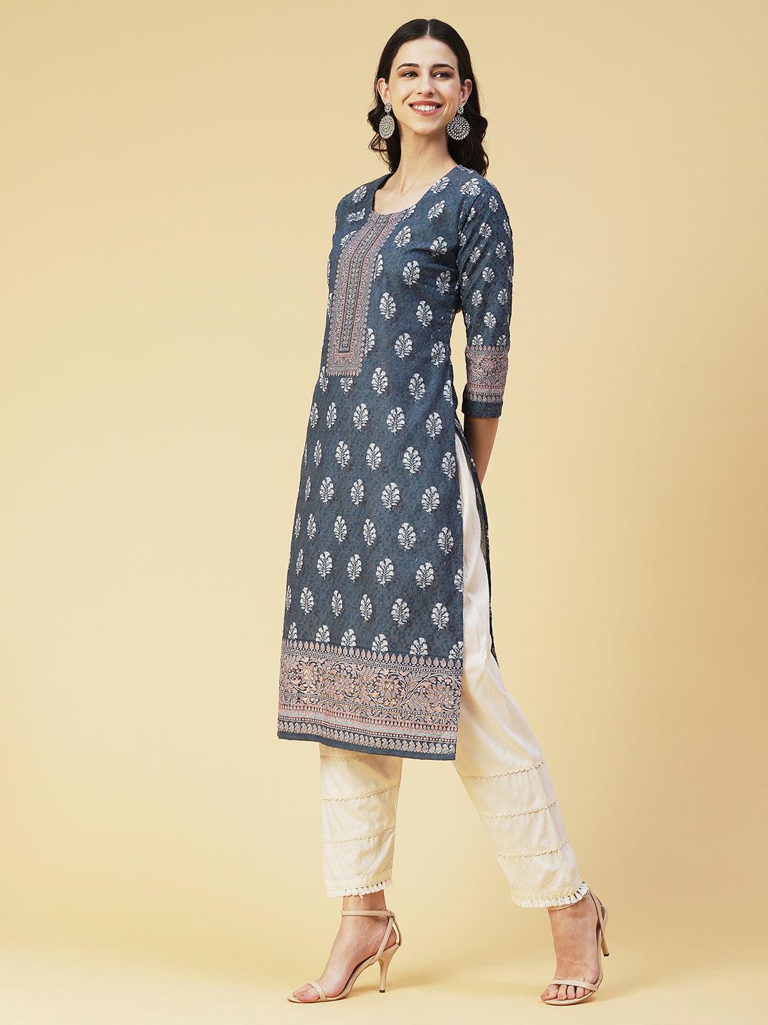 Floral Printed Schiffili Embroidered Kurta - Grey - Indiakreations