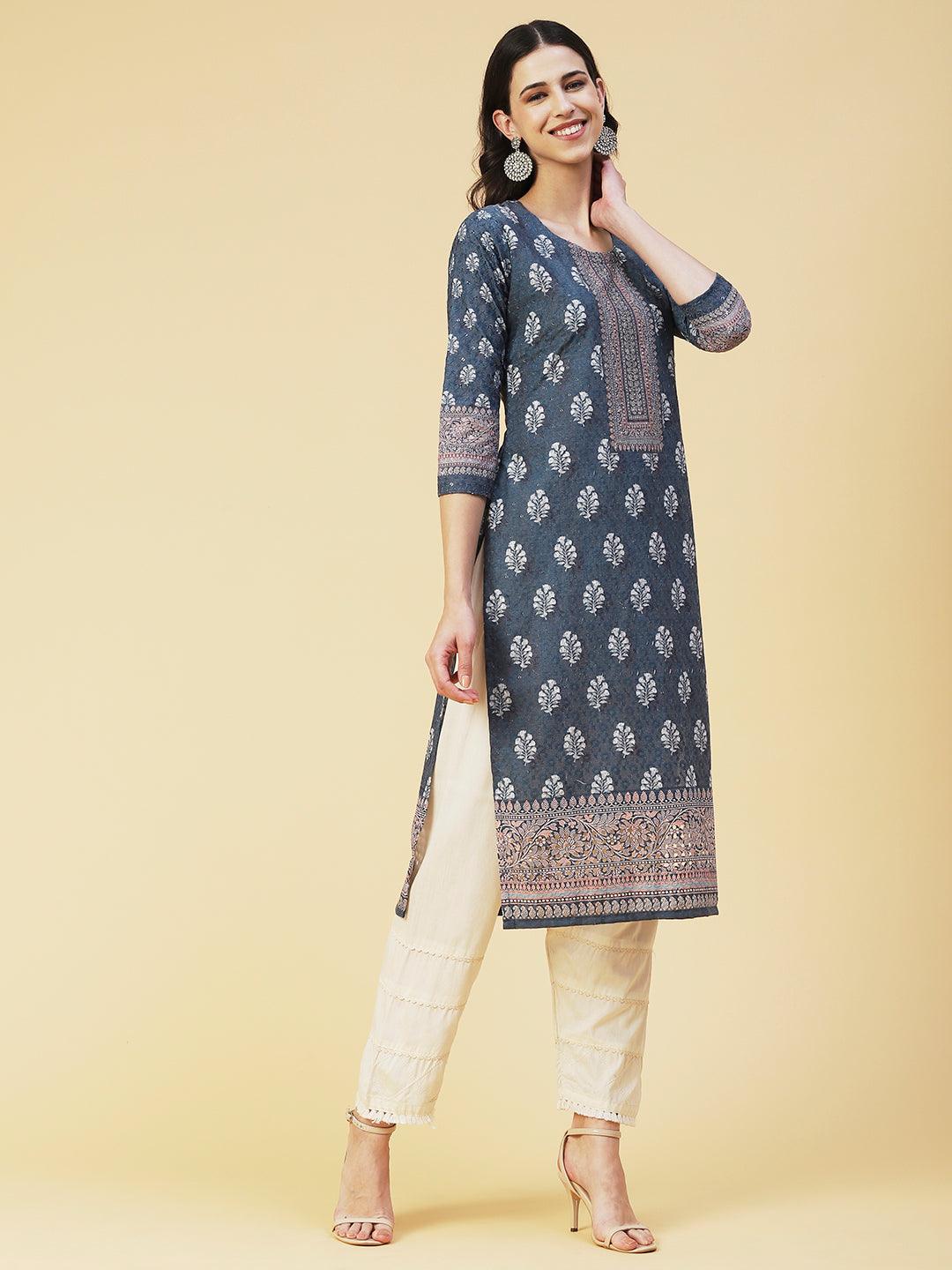 Floral Printed Schiffili Embroidered Kurta - Grey - Indiakreations