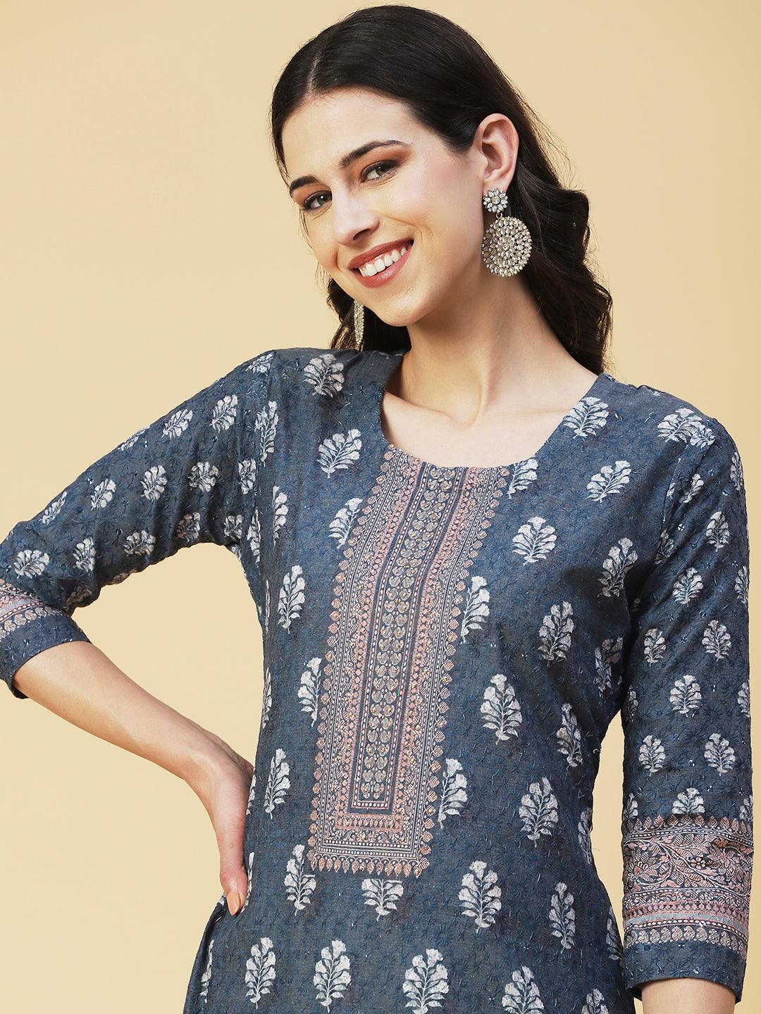 Floral Printed Schiffili Embroidered Kurta - Grey - Indiakreations