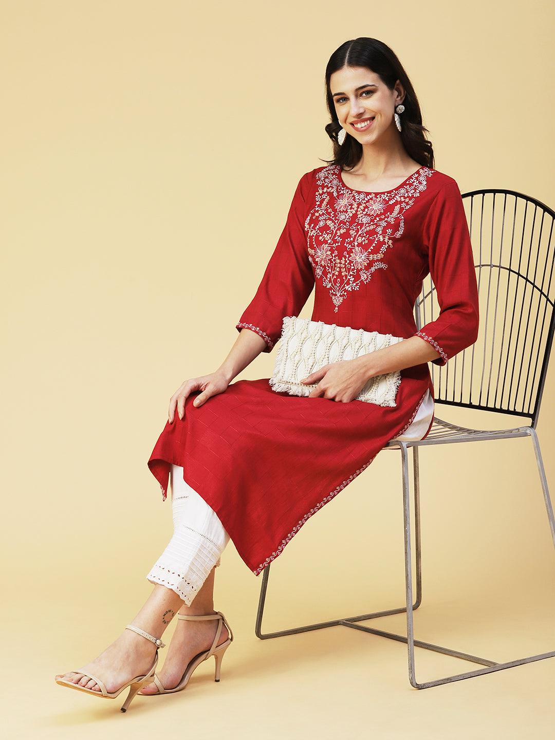 Floral Embroidered Straight Fit Kurta - Red - Indiakreations