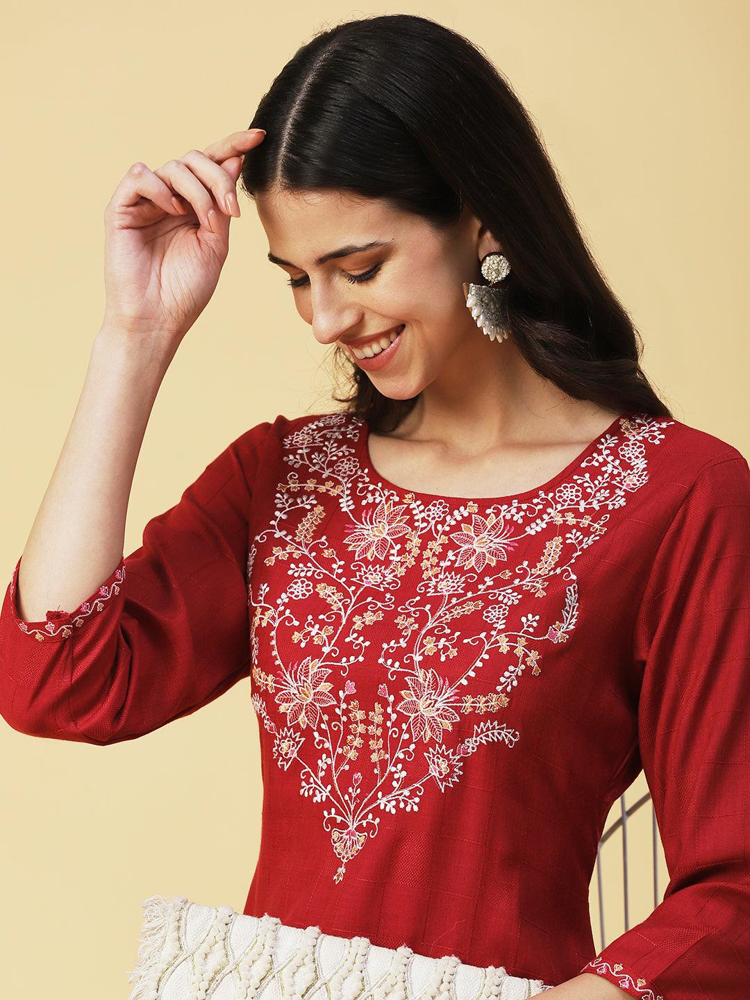 Floral Embroidered Straight Fit Kurta - Red - Indiakreations