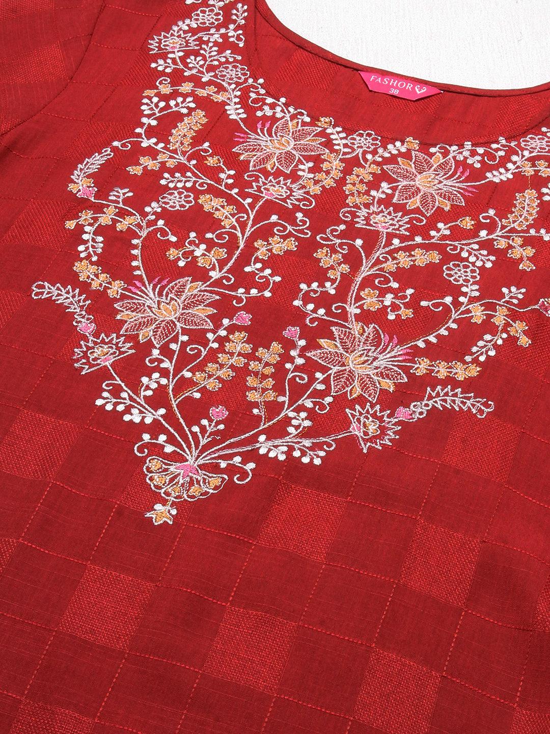 Floral Embroidered Straight Fit Kurta - Red - Indiakreations