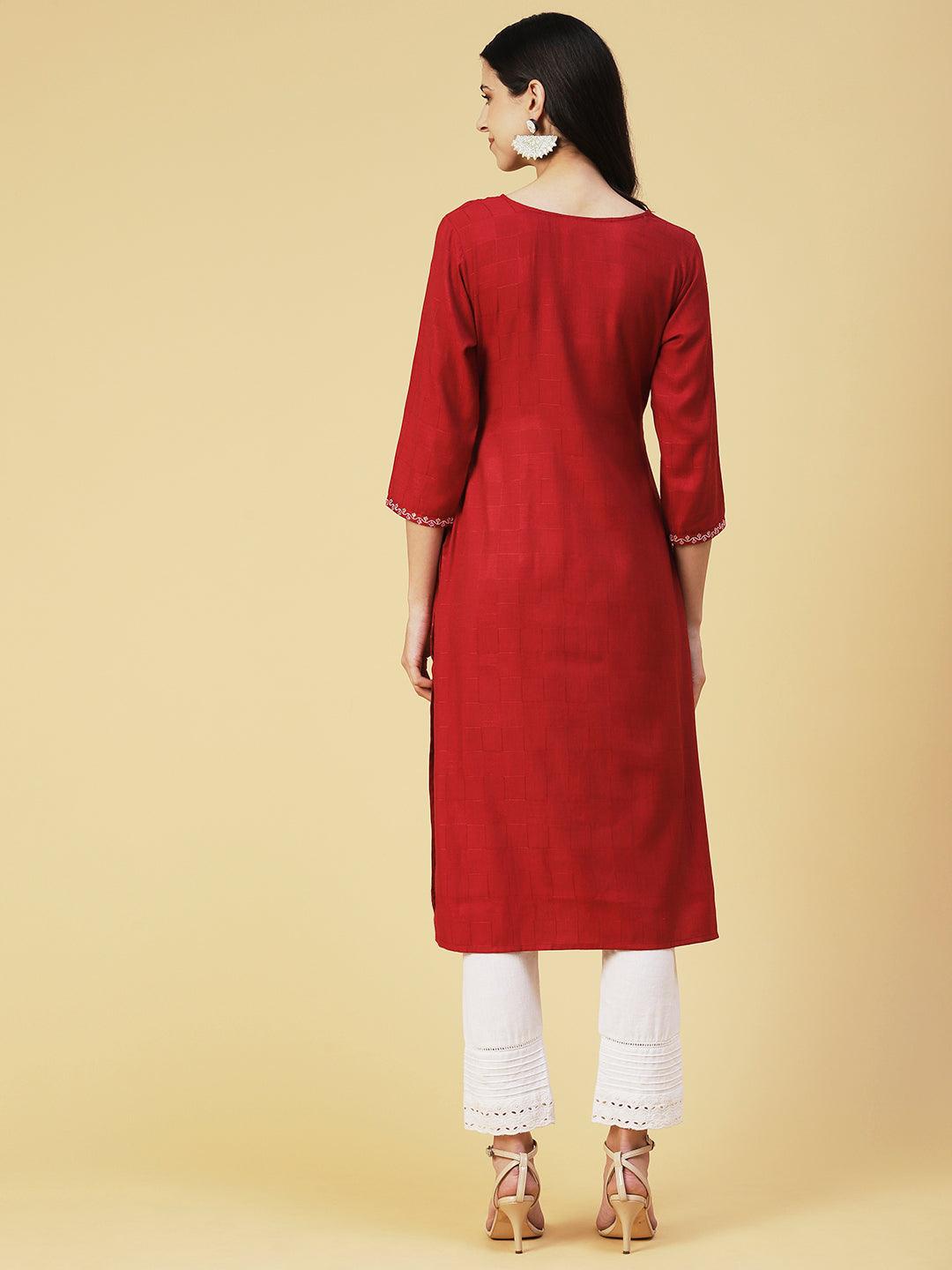 Floral Embroidered Straight Fit Kurta - Red - Indiakreations