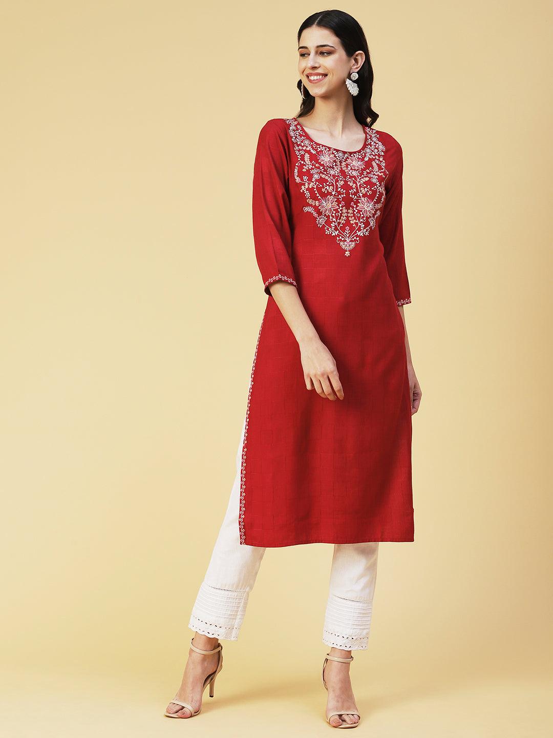 Floral Embroidered Straight Fit Kurta - Red - Indiakreations