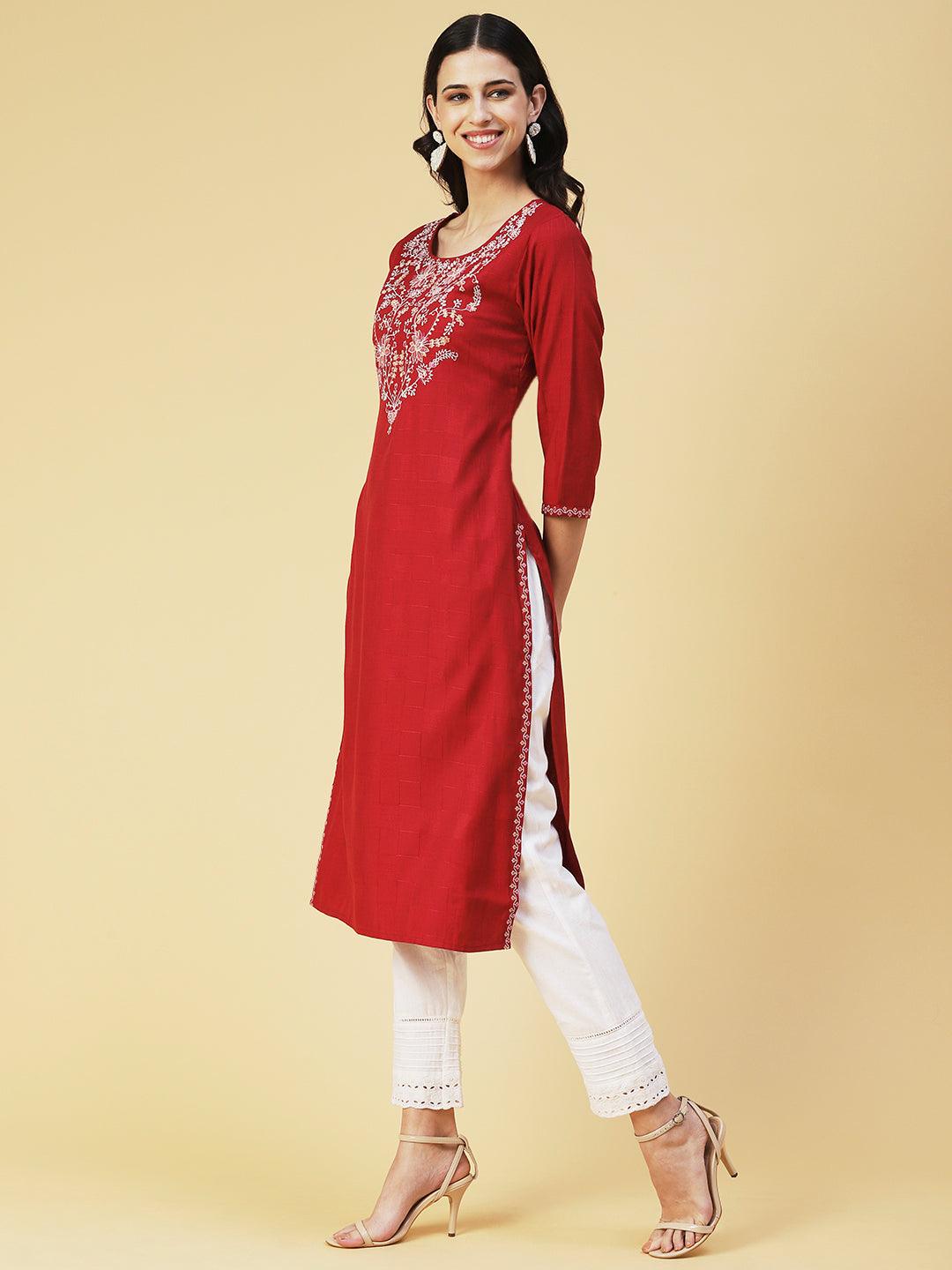 Floral Embroidered Straight Fit Kurta - Red - Indiakreations