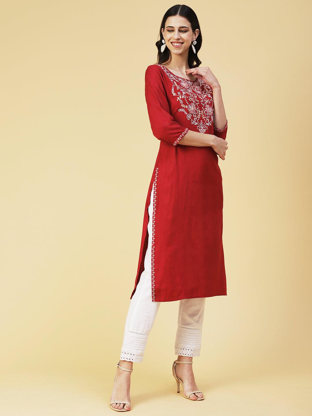 Floral Embroidered Straight Fit Kurta - Red - Indiakreations