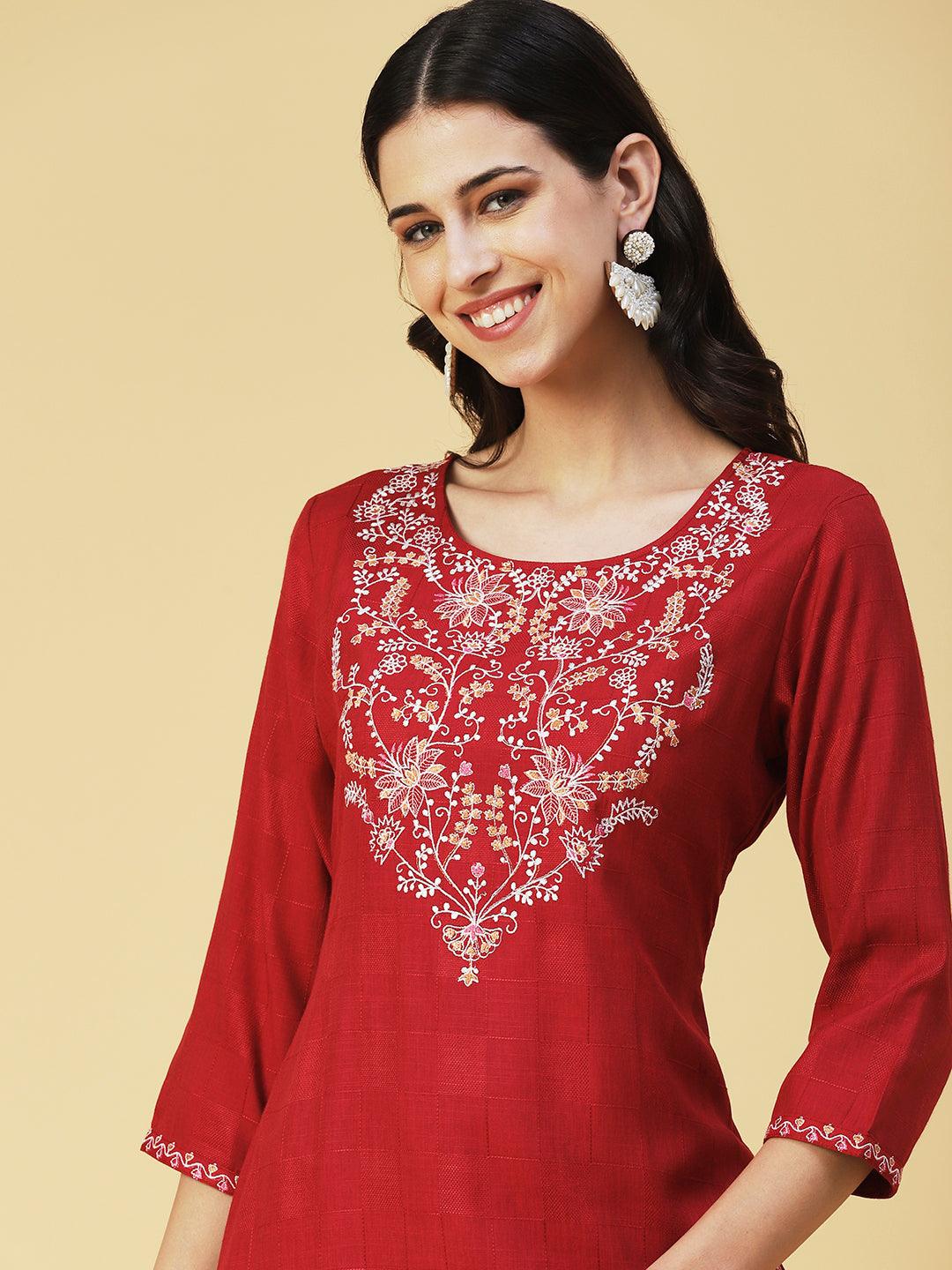 Floral Embroidered Straight Fit Kurta - Red - Indiakreations