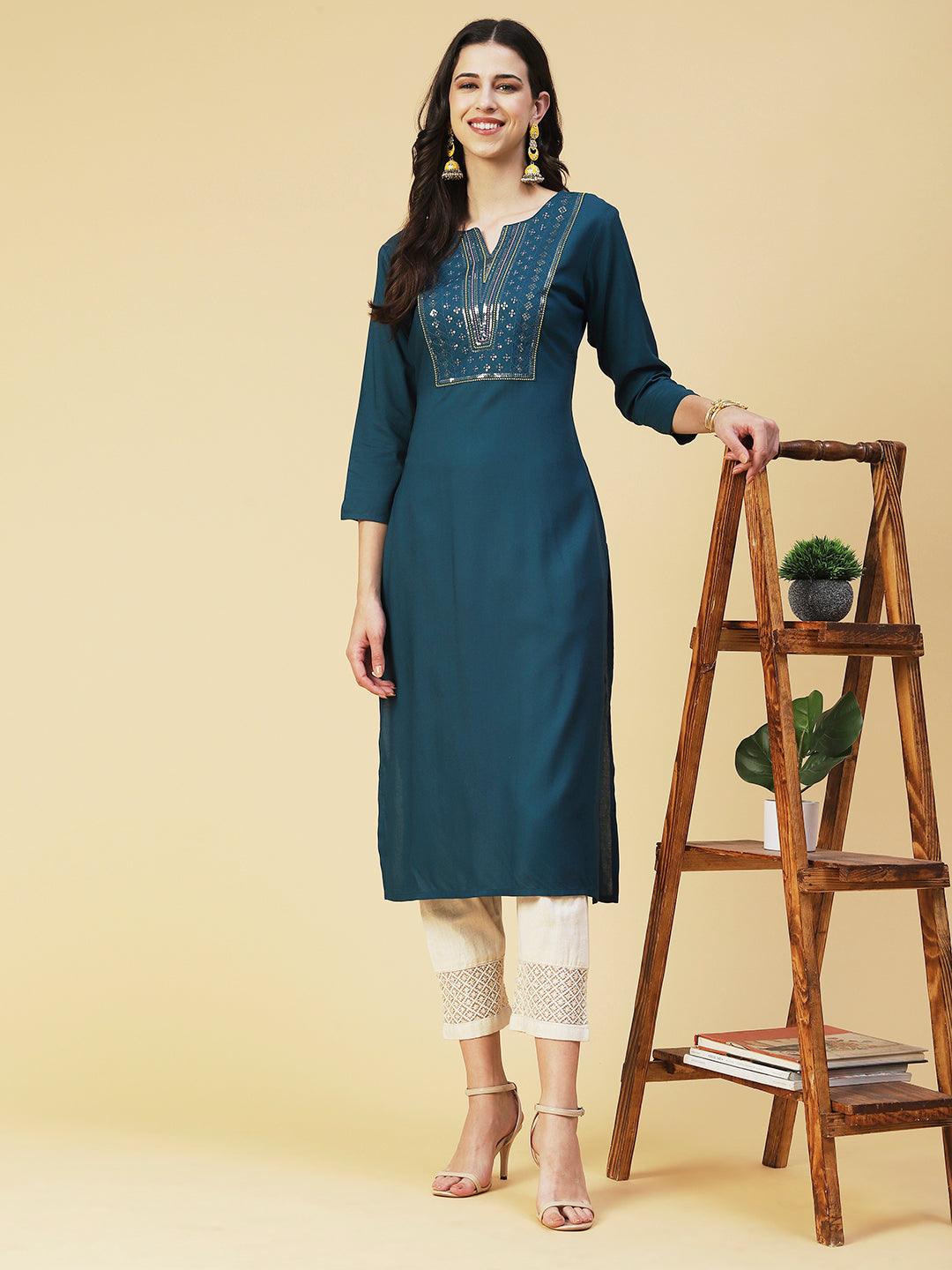 Solid Resham & Sequins Embroidered Kurta - Teal - Indiakreations