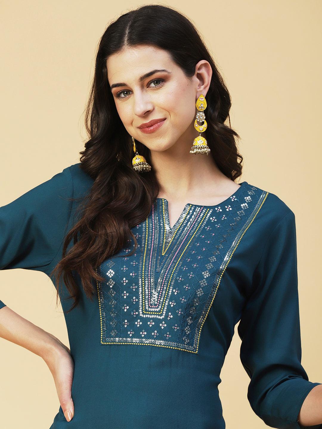 Solid Resham & Sequins Embroidered Kurta - Teal - Indiakreations