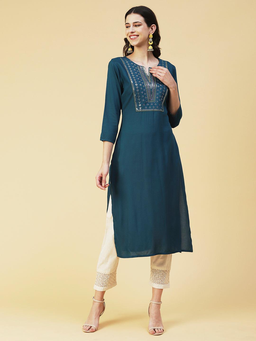 Solid Resham & Sequins Embroidered Kurta - Teal - Indiakreations