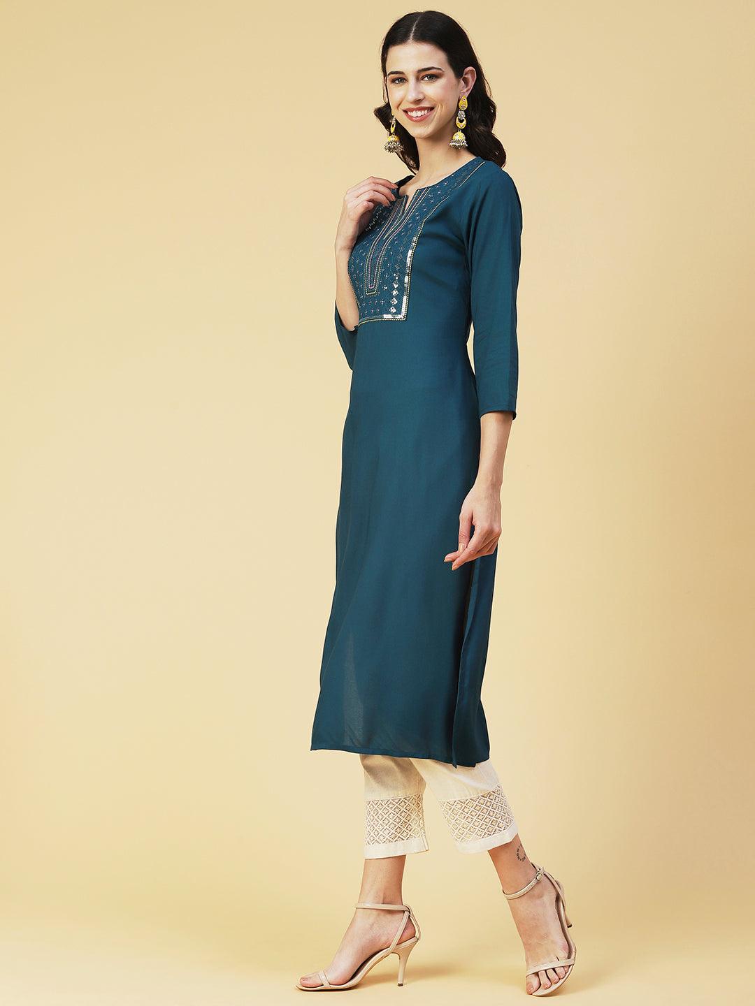 Solid Resham & Sequins Embroidered Kurta - Teal - Indiakreations