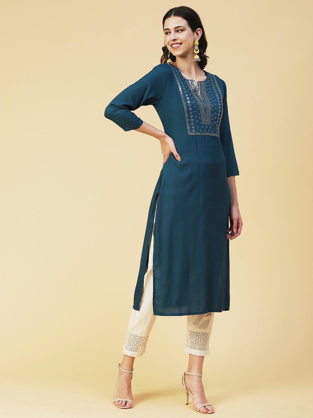 Solid Resham & Sequins Embroidered Kurta - Teal - Indiakreations