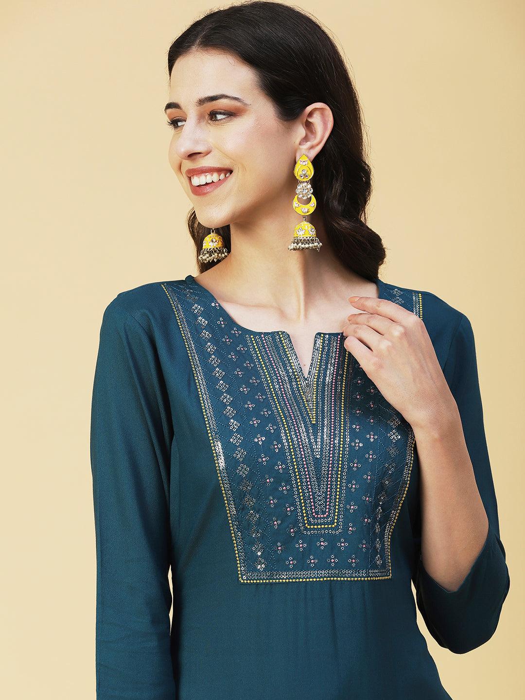 Solid Resham & Sequins Embroidered Kurta - Teal - Indiakreations