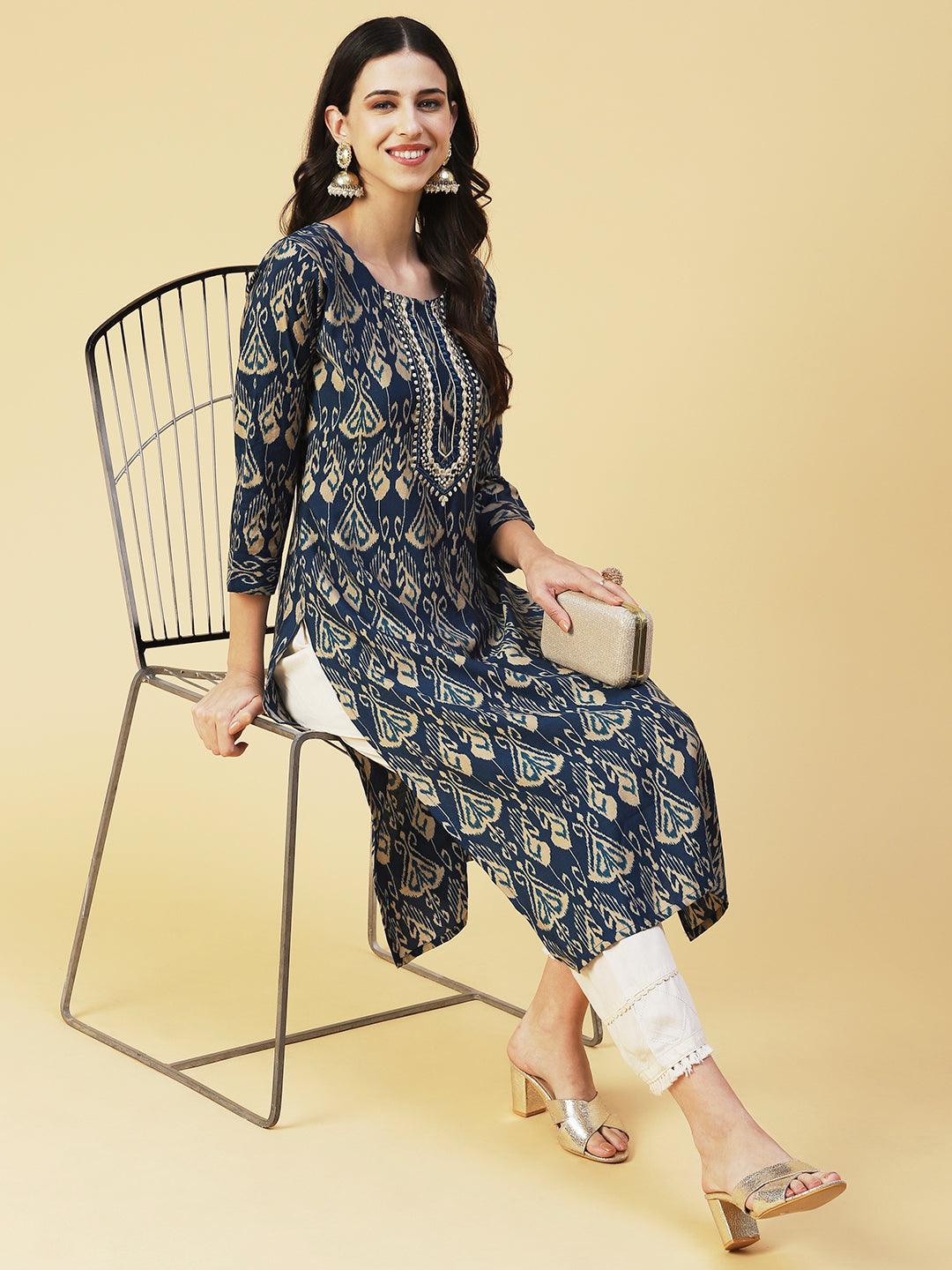 Ikkat printed Mirror Embroidered Kurta - Blue - Indiakreations