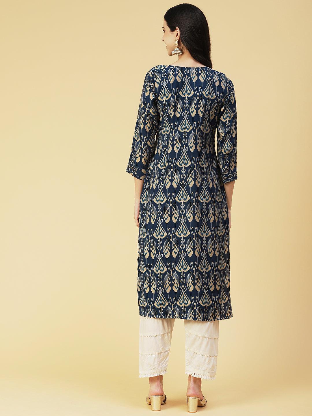 Ikkat printed Mirror Embroidered Kurta - Blue - Indiakreations