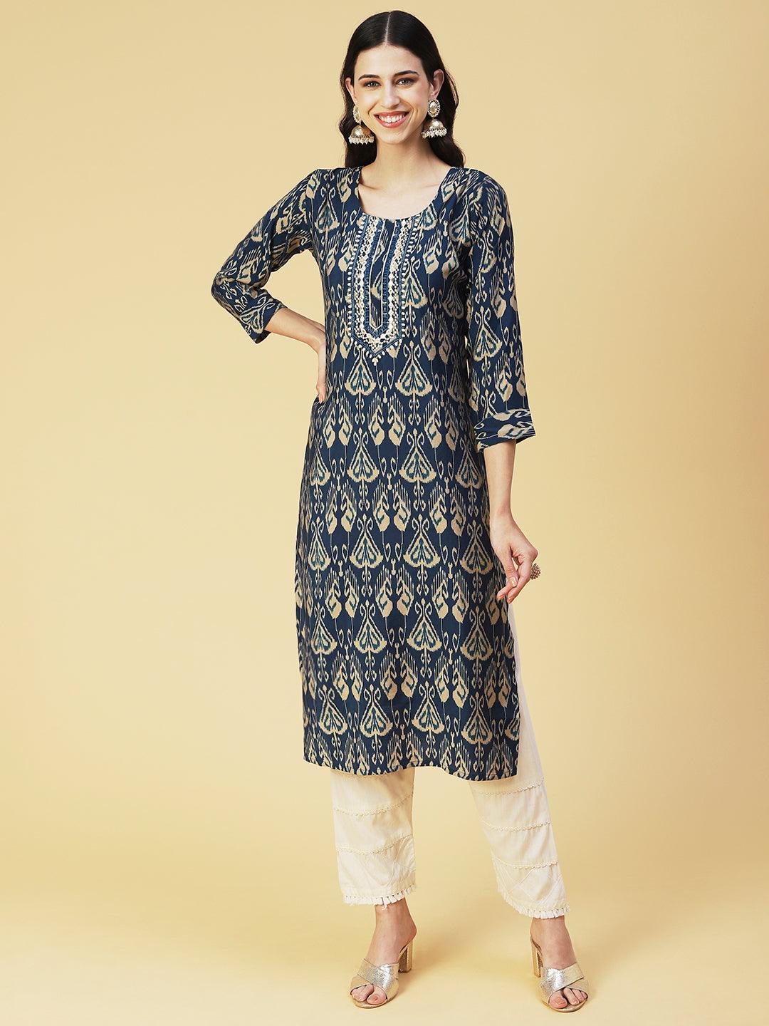 Ikkat printed Mirror Embroidered Kurta - Blue - Indiakreations