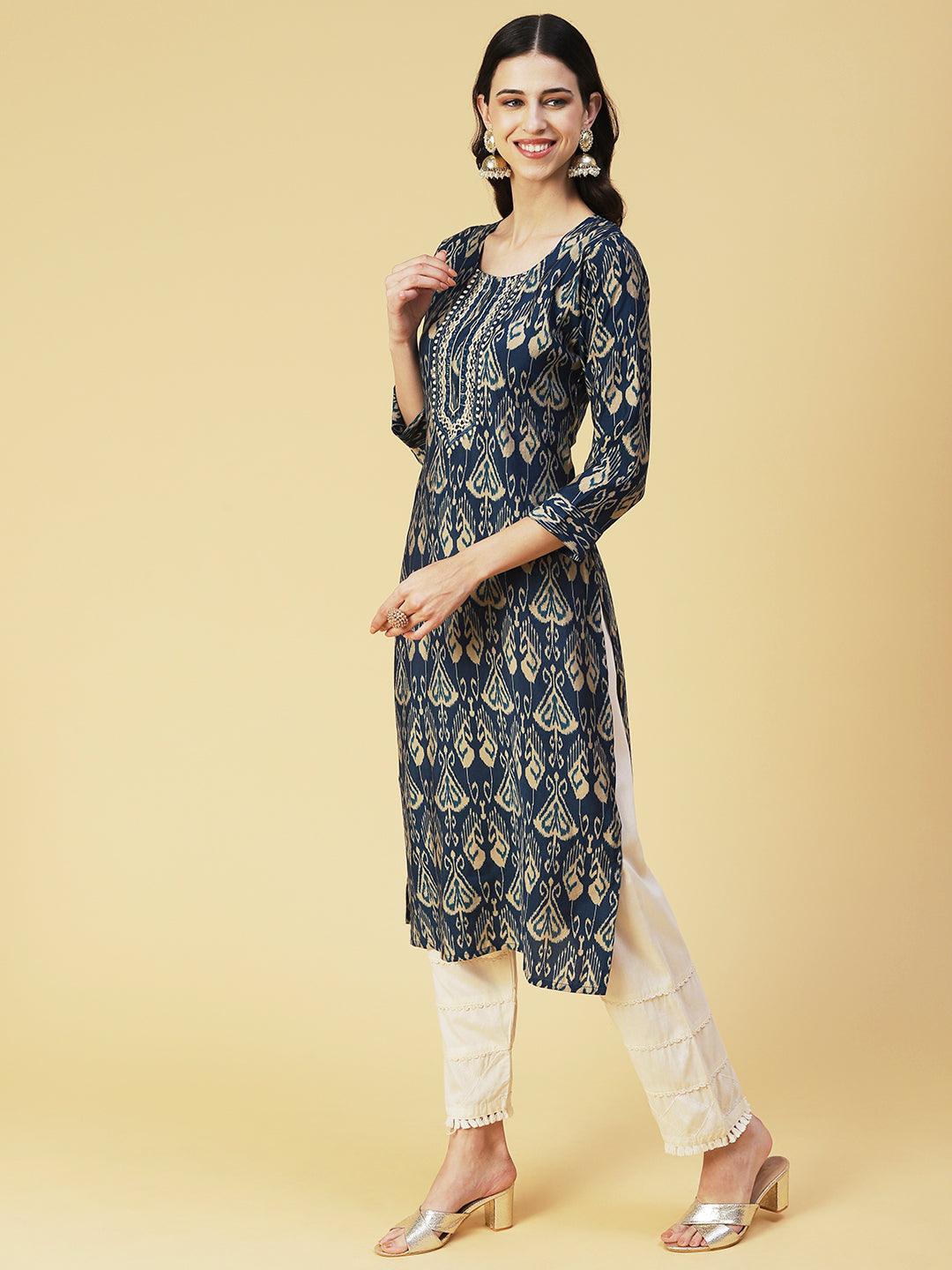 Ikkat printed Mirror Embroidered Kurta - Blue - Indiakreations