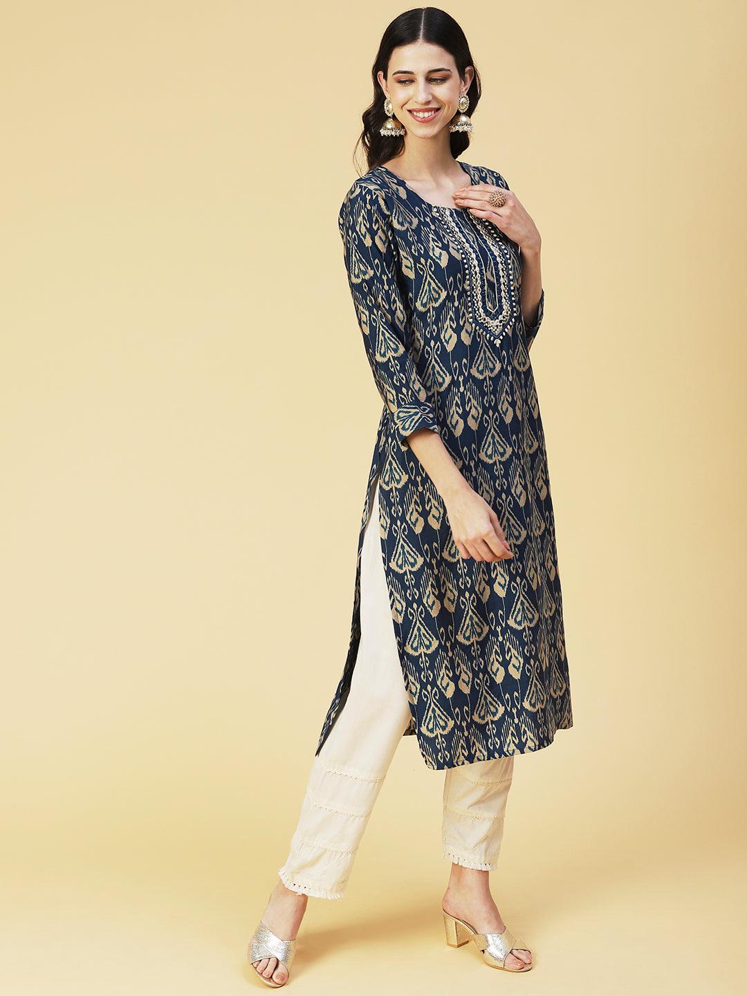 Ikkat printed Mirror Embroidered Kurta - Blue - Indiakreations