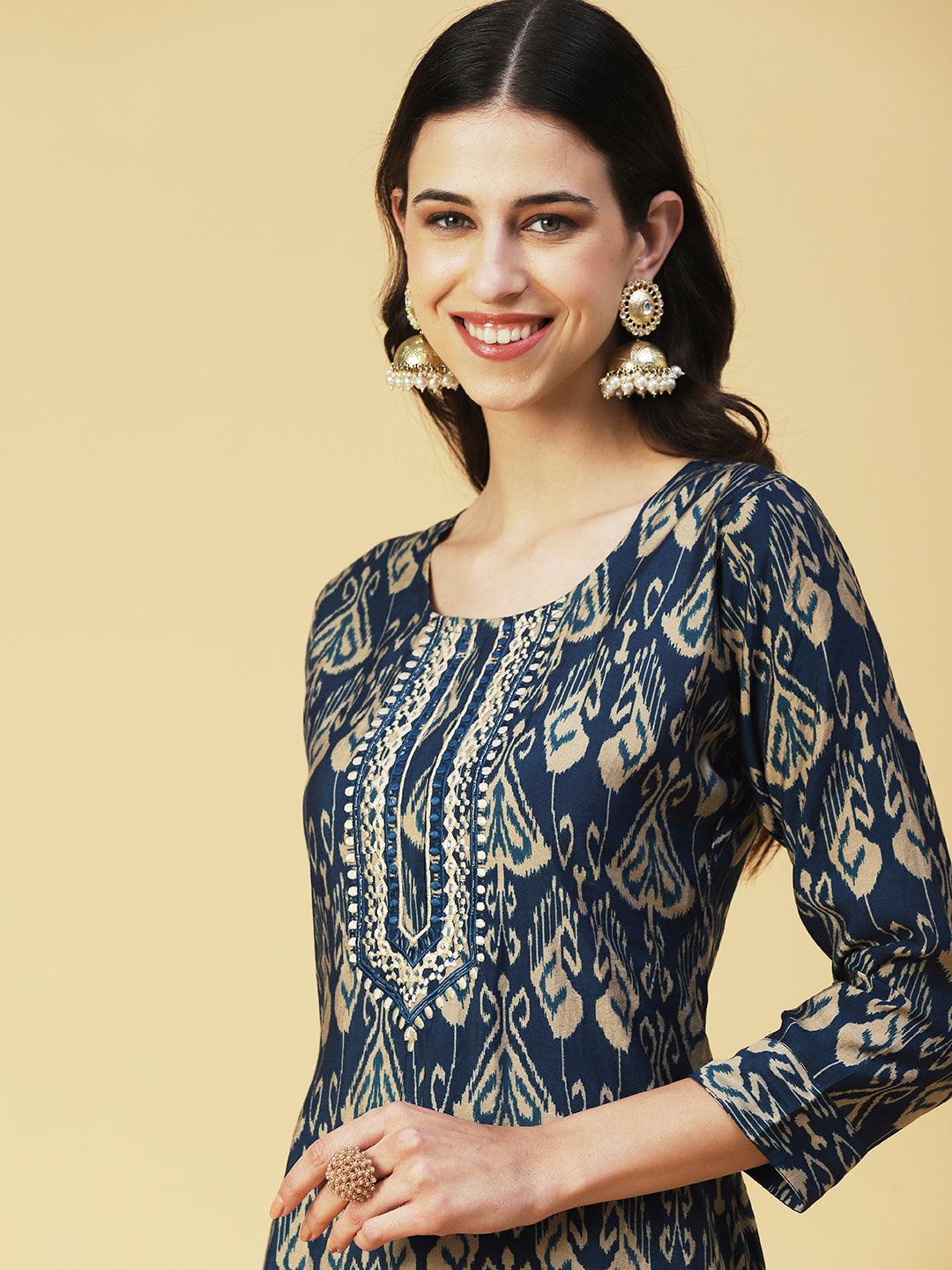 Ikkat printed Mirror Embroidered Kurta - Blue - Indiakreations