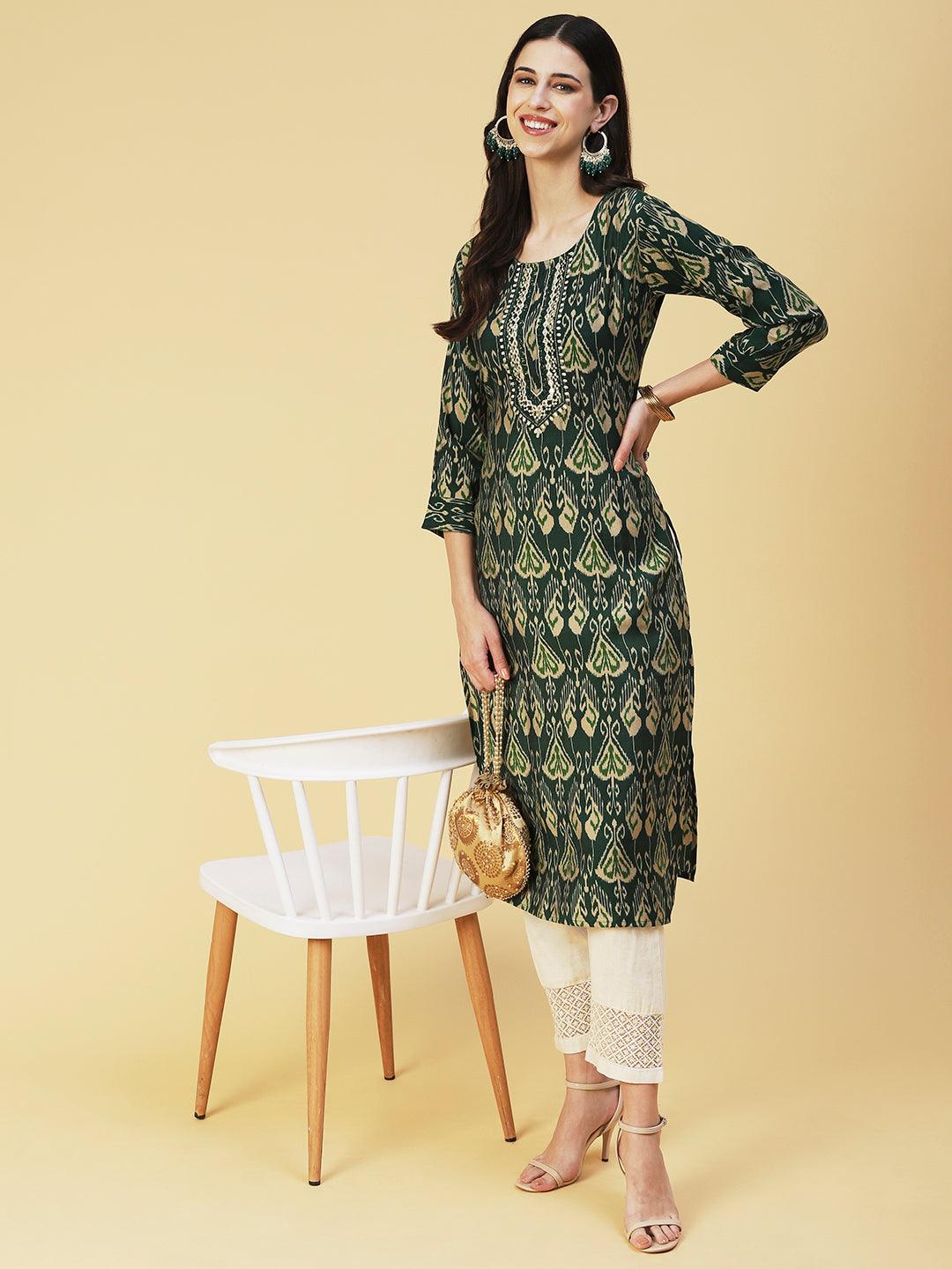 Ikkat printed Mirror Embroidered Kurta - Green - Indiakreations