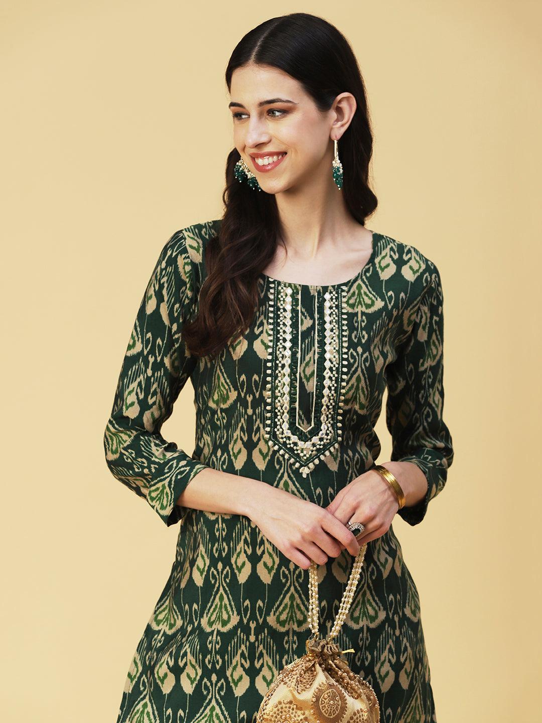 Ikkat printed Mirror Embroidered Kurta - Green - Indiakreations