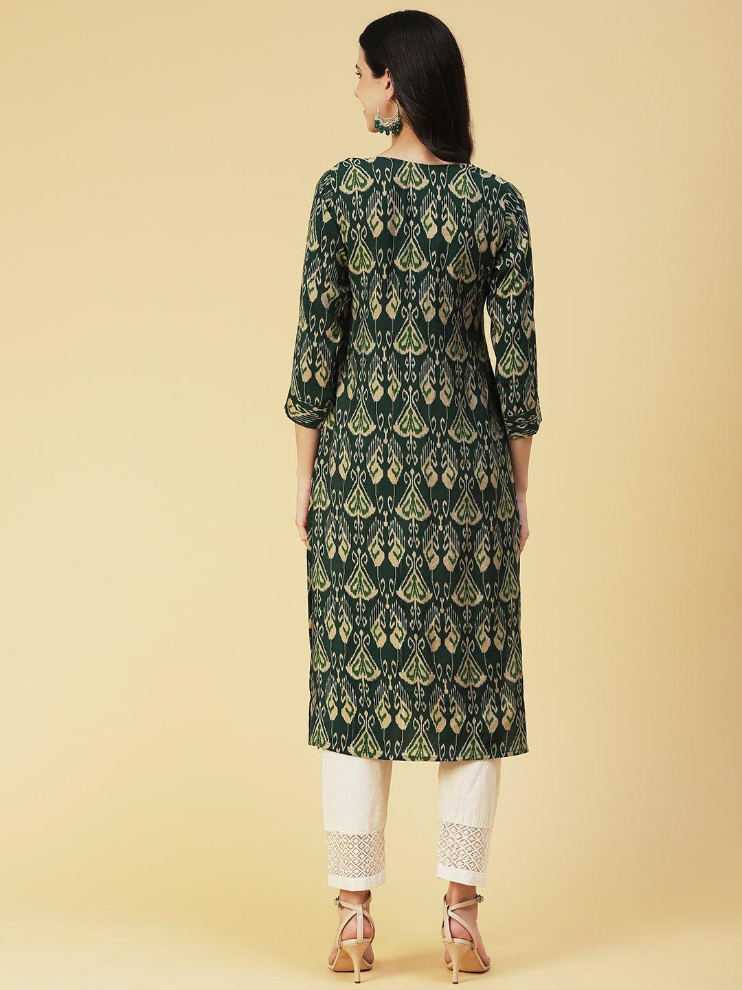 Ikkat printed Mirror Embroidered Kurta - Green - Indiakreations