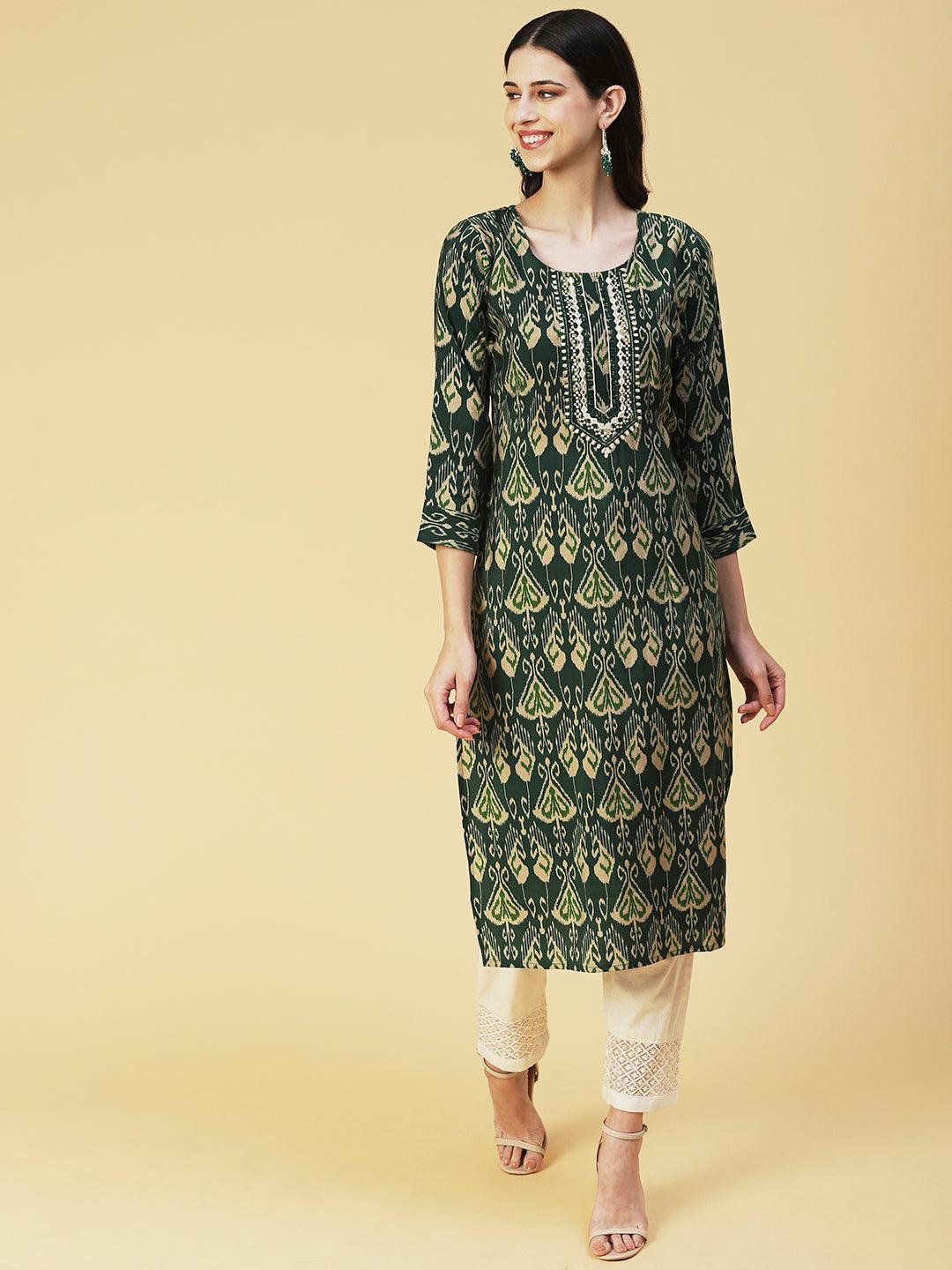 Ikkat printed Mirror Embroidered Kurta - Green - Indiakreations