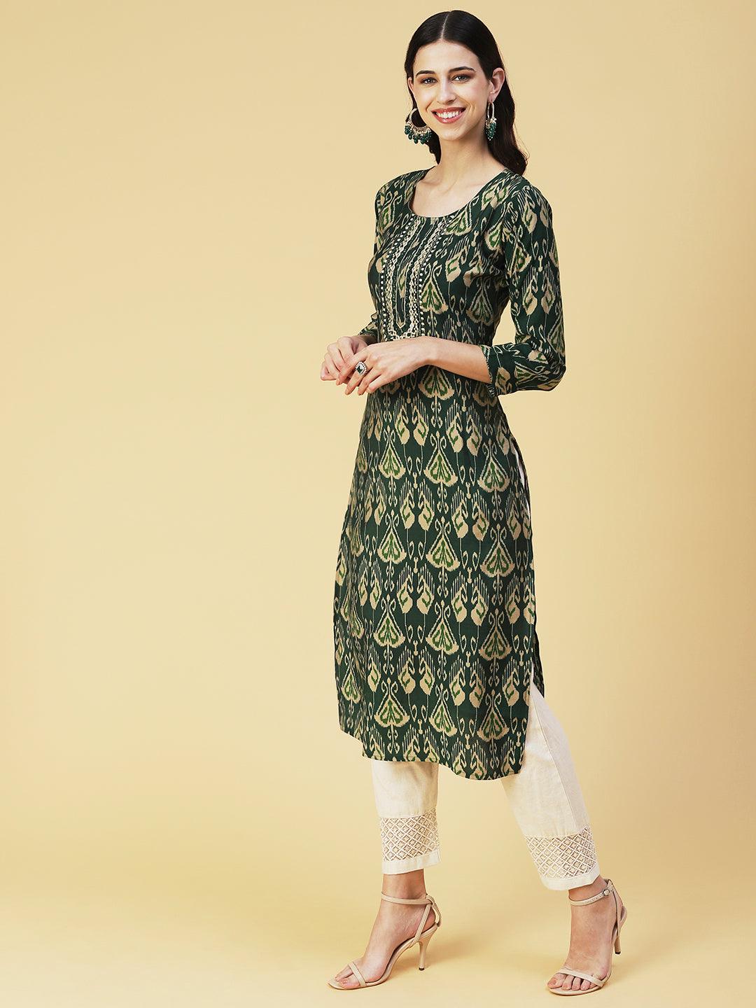 Ikkat printed Mirror Embroidered Kurta - Green - Indiakreations