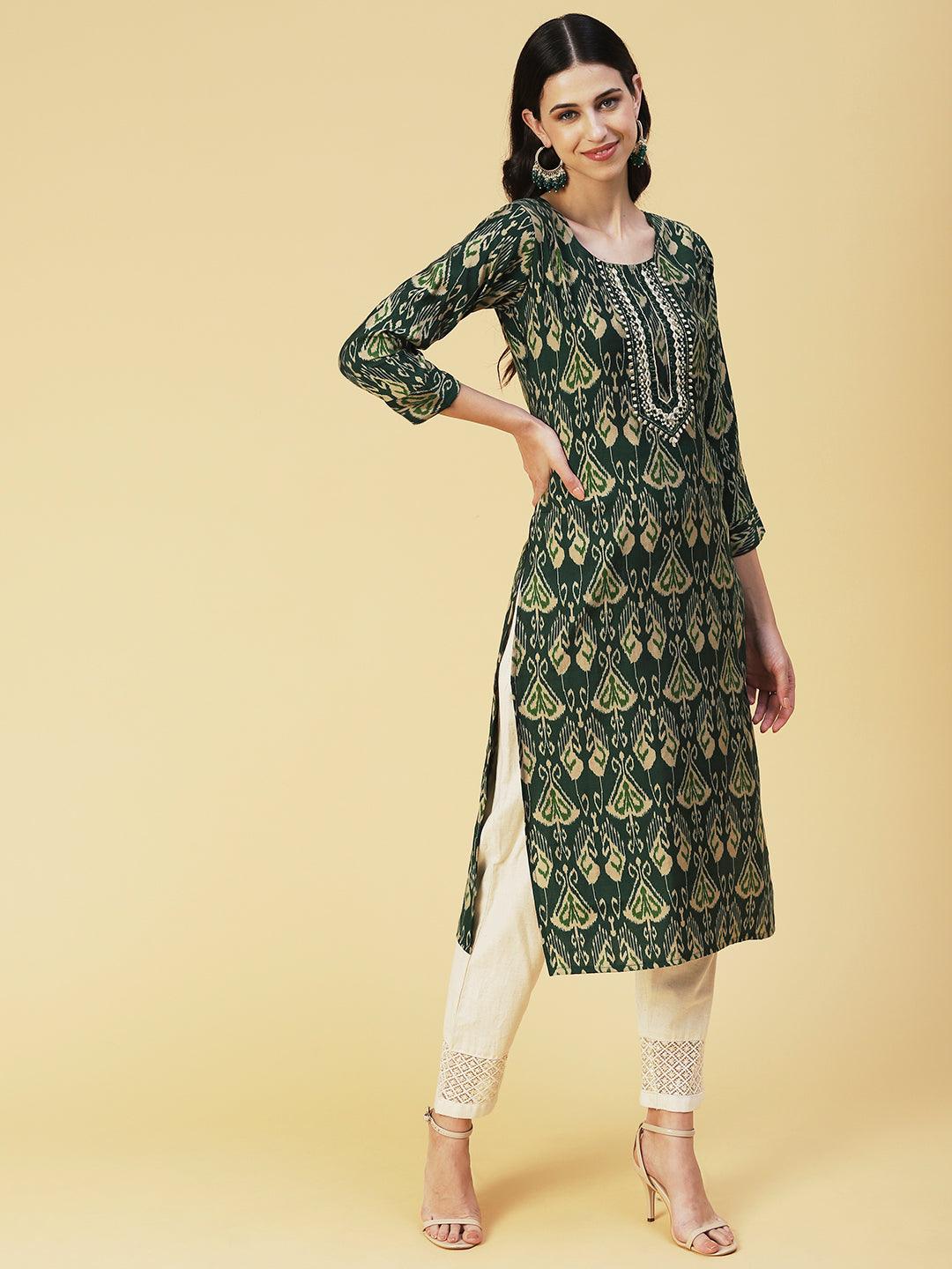 Ikkat printed Mirror Embroidered Kurta - Green - Indiakreations