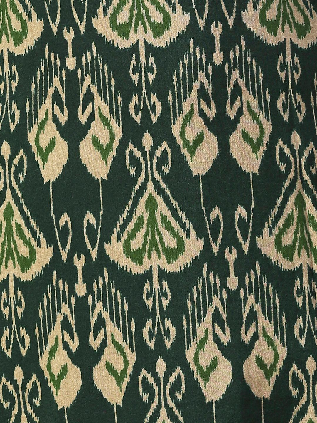 Ikkat printed Mirror Embroidered Kurta - Green - Indiakreations