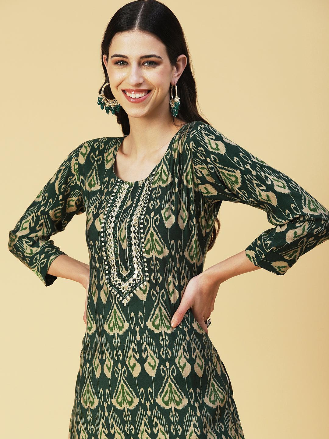 Ikkat printed Mirror Embroidered Kurta - Green - Indiakreations