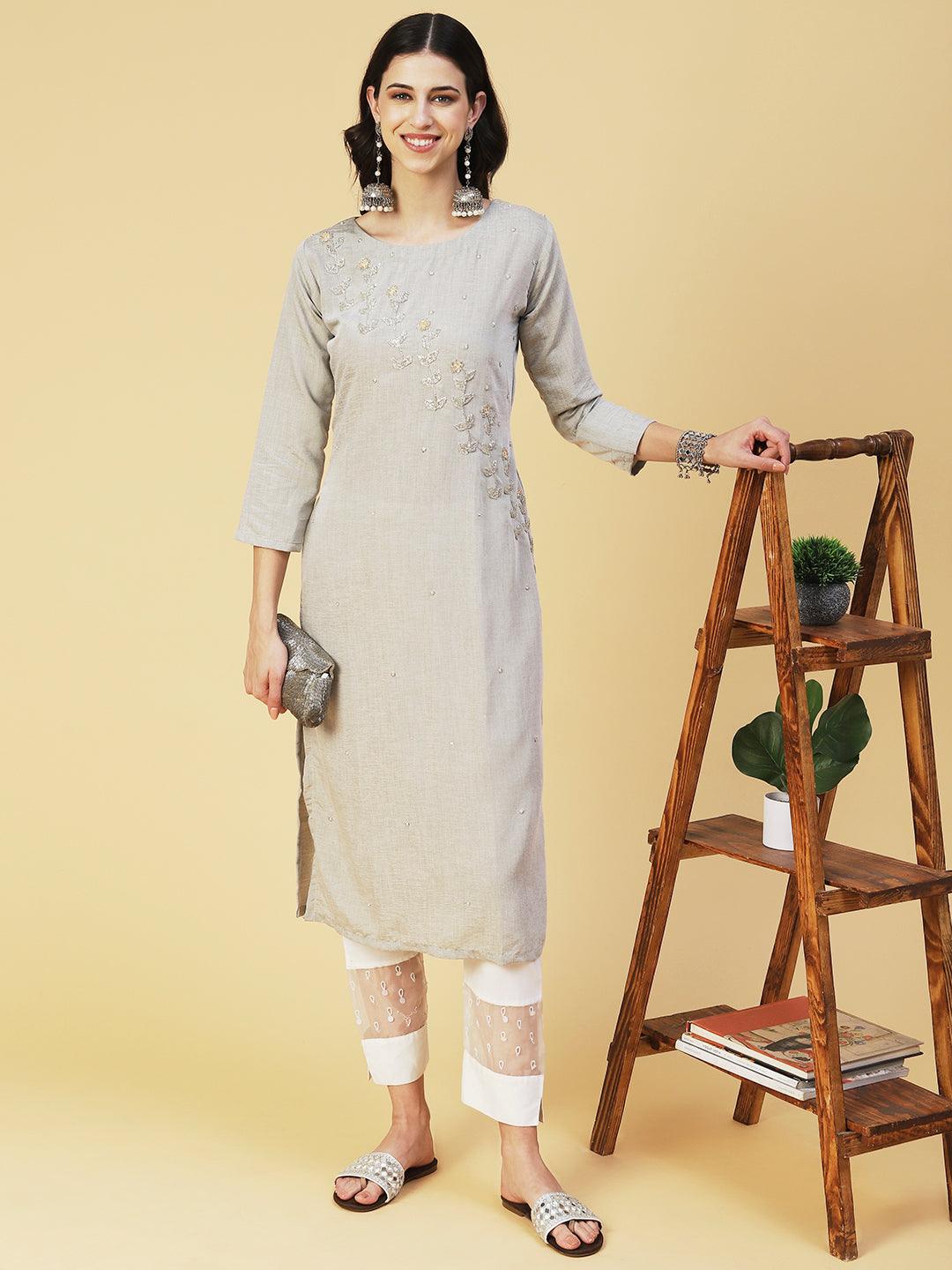 Solid Two Toned Hand Embroidered Kurta - Grey Melange - Indiakreations