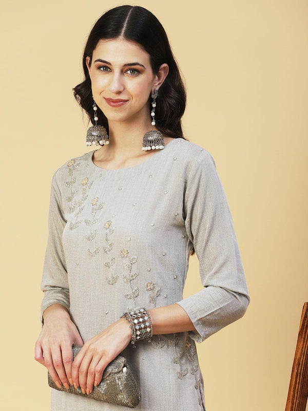 Solid Two Toned Hand Embroidered Kurta - Grey Melange - Indiakreations