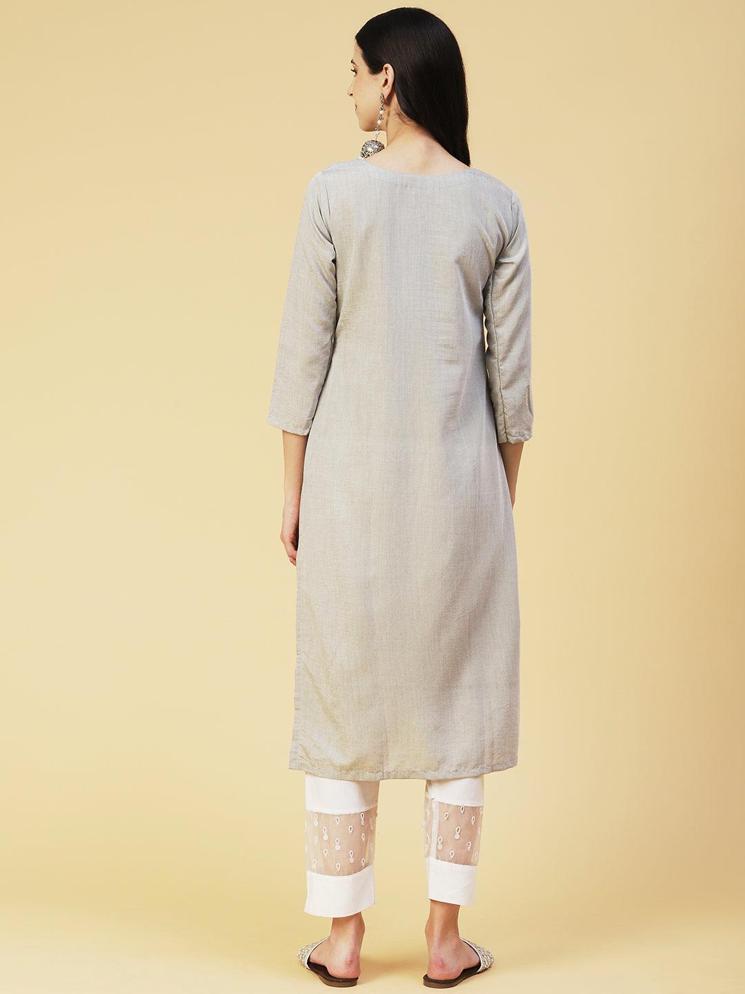 Solid Two Toned Hand Embroidered Kurta - Grey Melange - Indiakreations