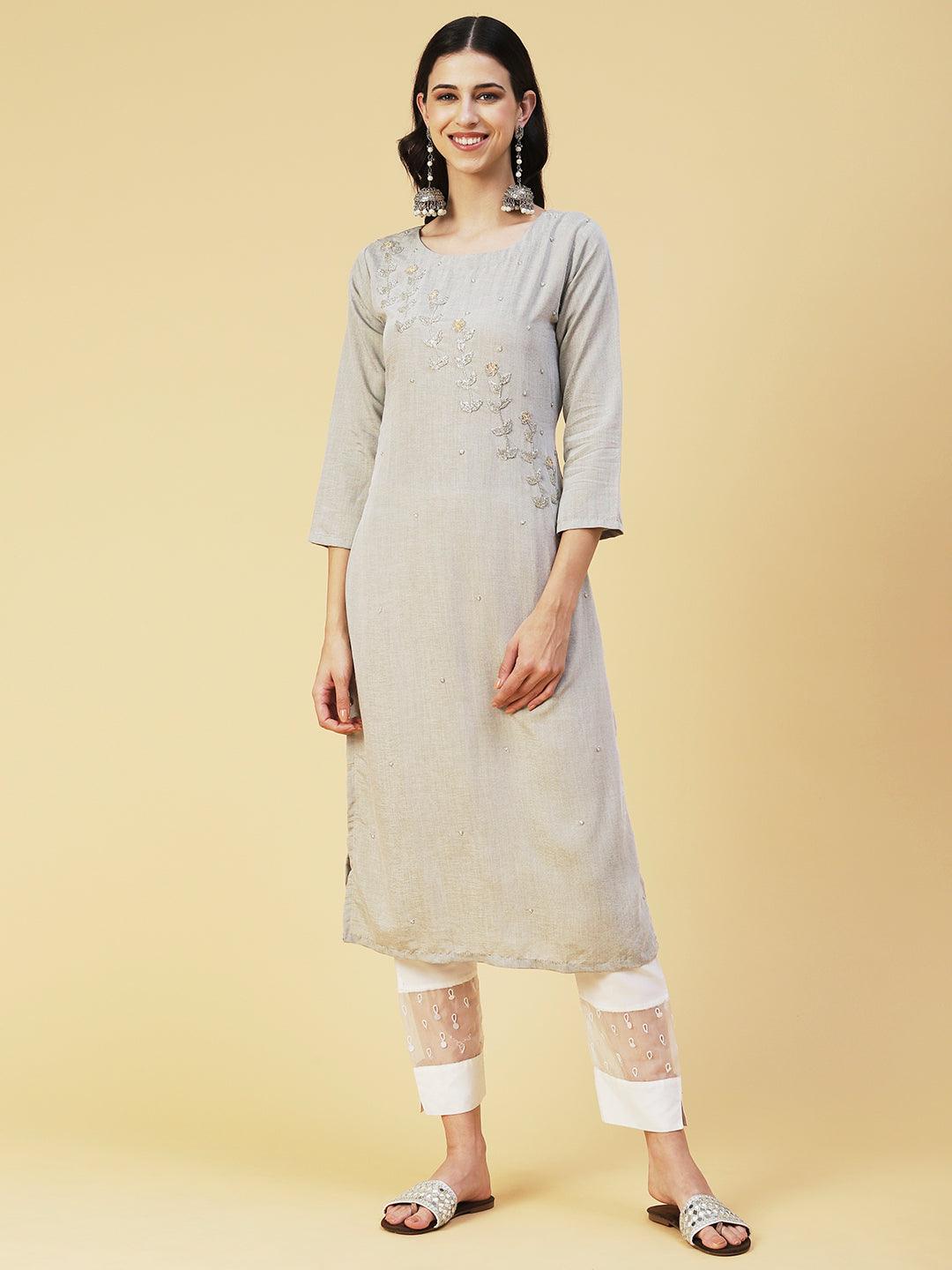 Solid Two Toned Hand Embroidered Kurta - Grey Melange - Indiakreations