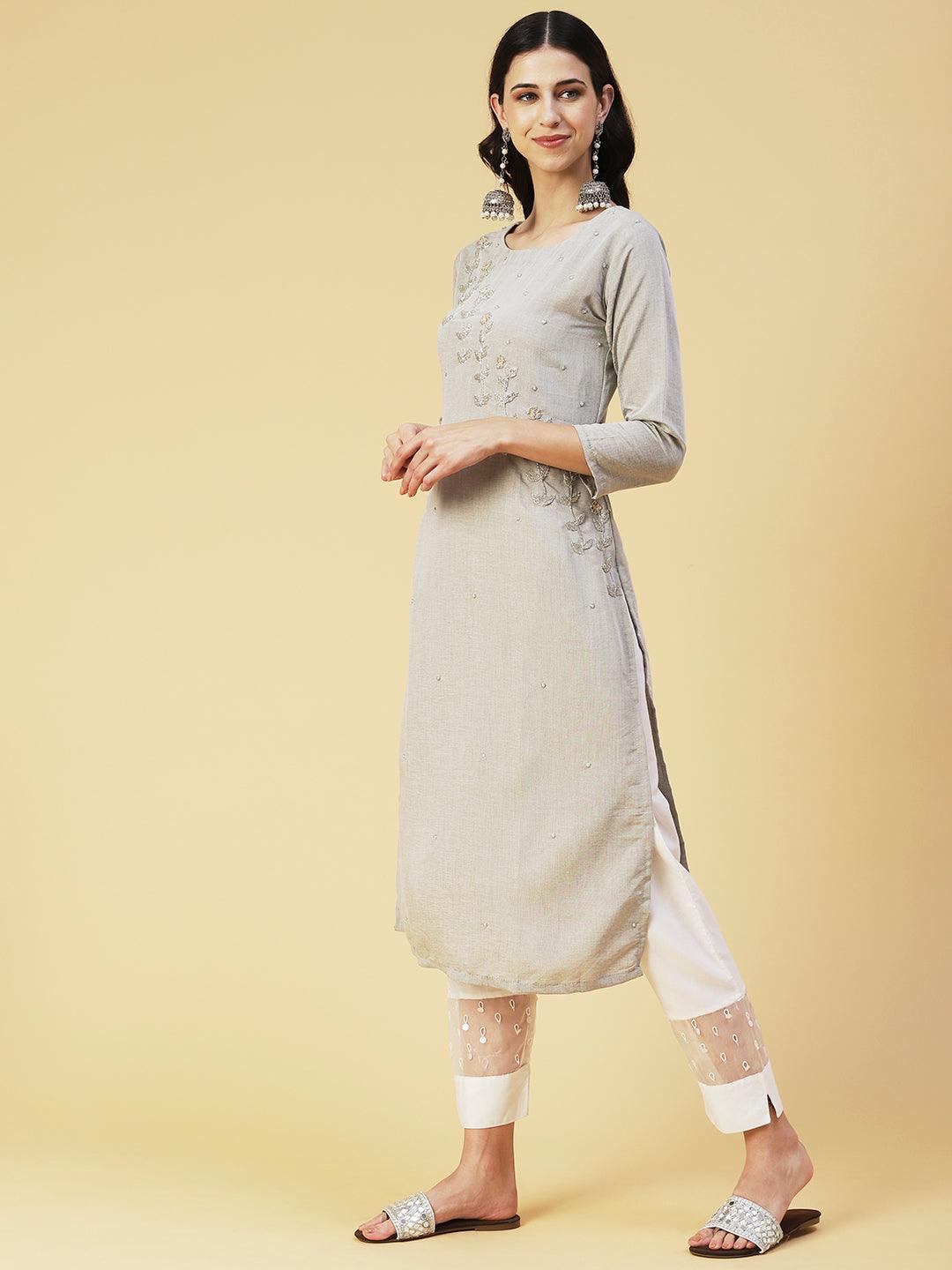 Solid Two Toned Hand Embroidered Kurta - Grey Melange - Indiakreations