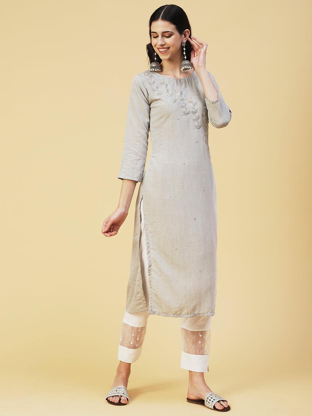 Solid Two Toned Hand Embroidered Kurta - Grey Melange - Indiakreations