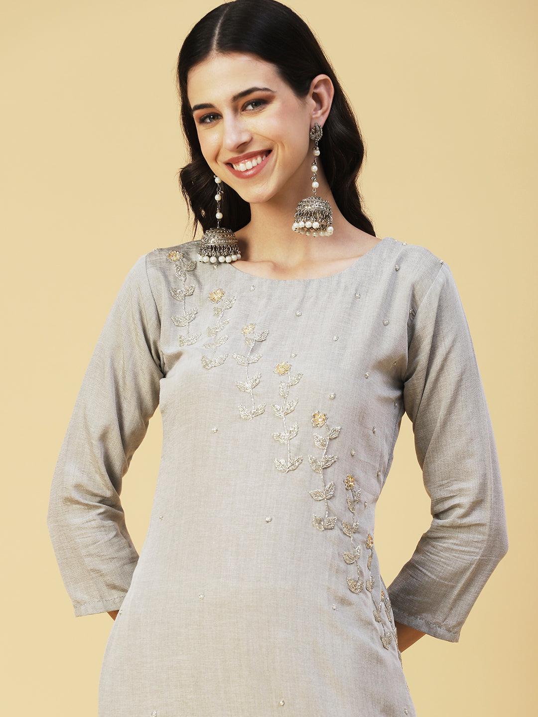 Solid Two Toned Hand Embroidered Kurta - Grey Melange - Indiakreations