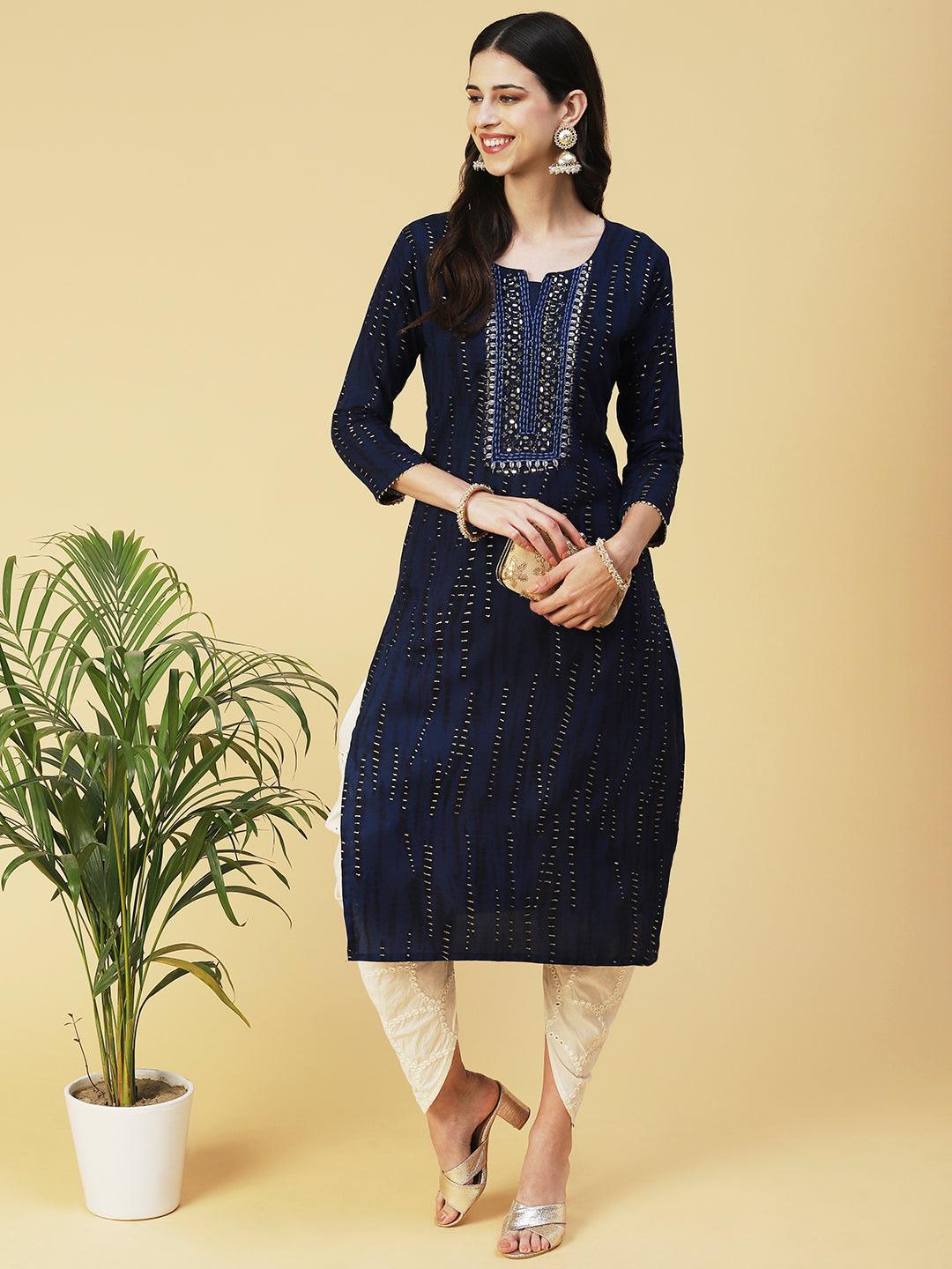 Shibori Printed Mirror Embroidered Kurta - Navy Blue - Indiakreations