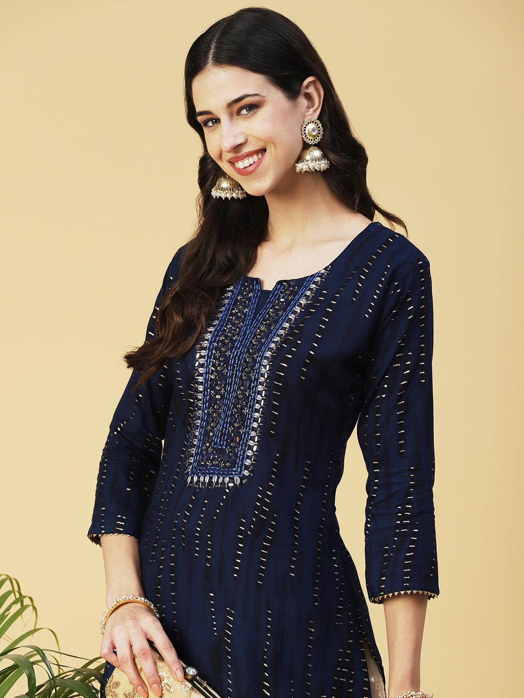 Shibori Printed Mirror Embroidered Kurta - Navy Blue - Indiakreations